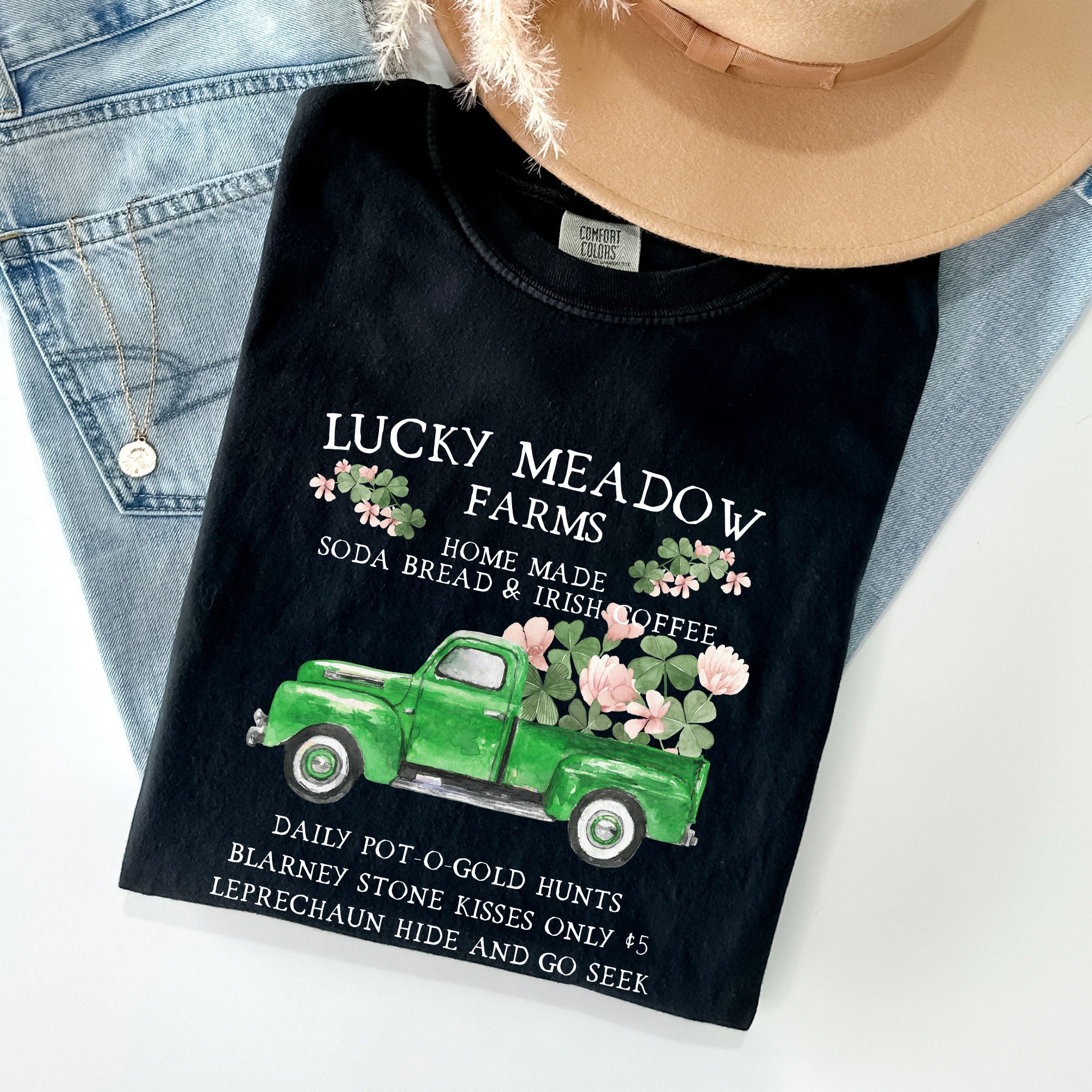 Lucky Meadow Farms Shamrock St Patrick's Day Vintage Crest Edition Comfort Colors Tee