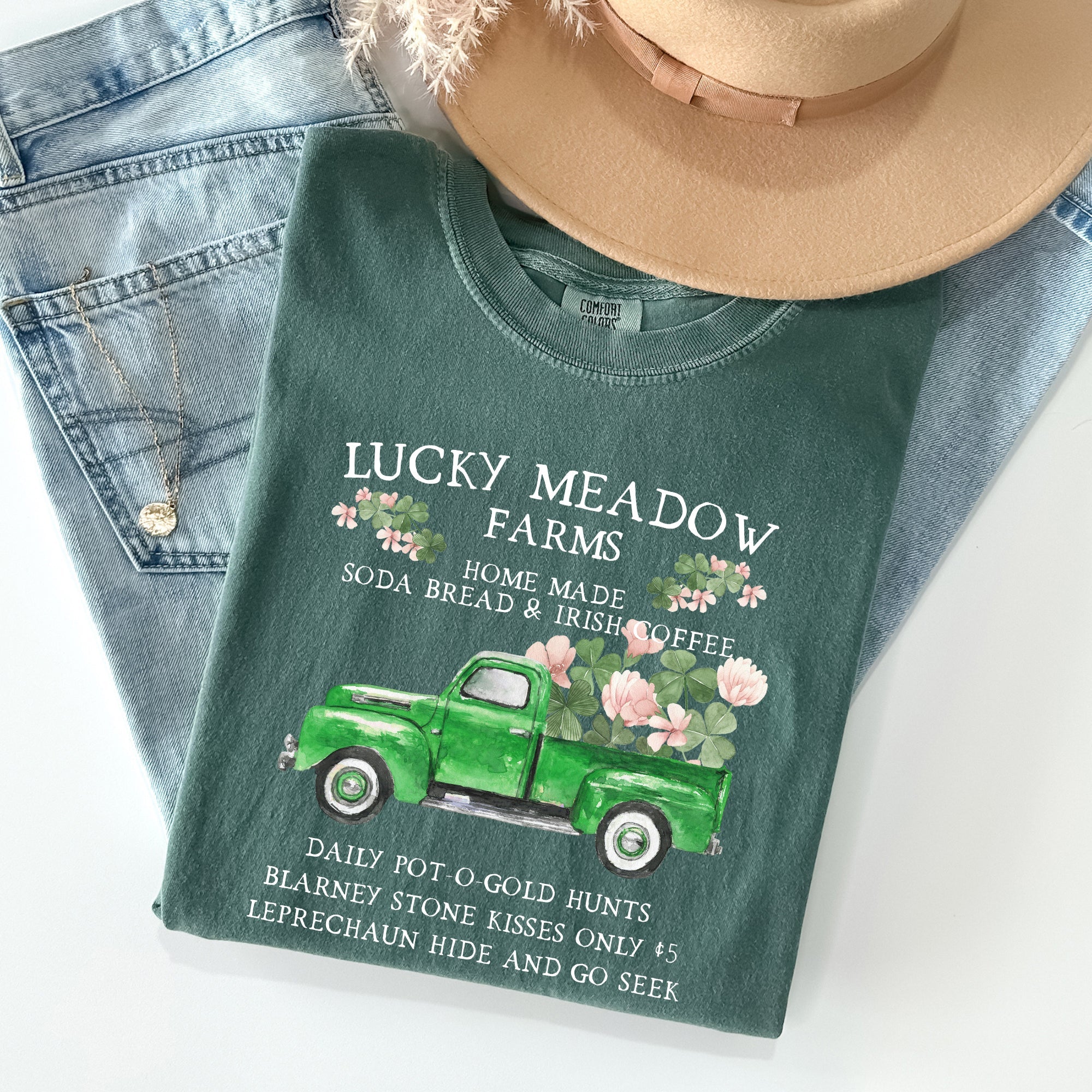 Lucky Meadow Farms Shamrock St Patrick's Day Vintage Crest Edition Comfort Colors Tee