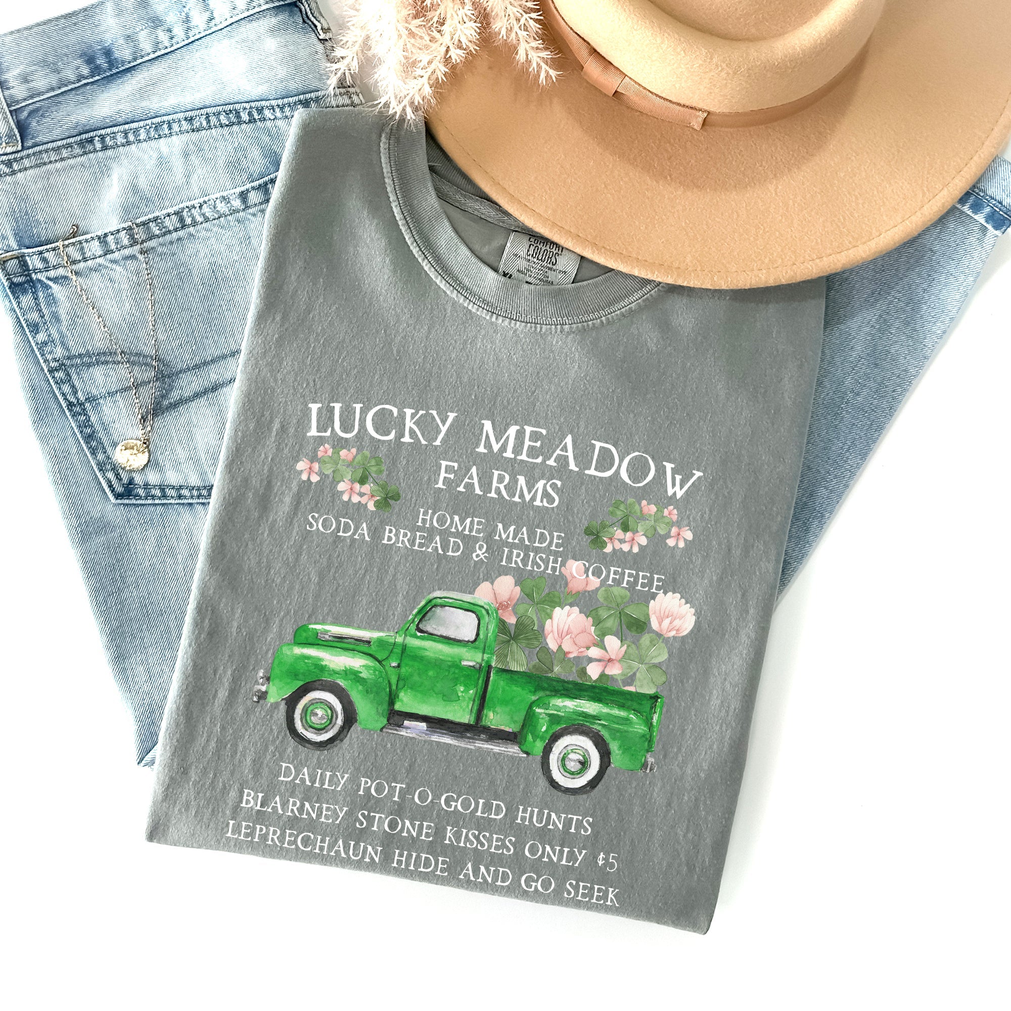 Lucky Meadow Farms Shamrock St Patrick's Day Vintage Crest Edition Comfort Colors Tee