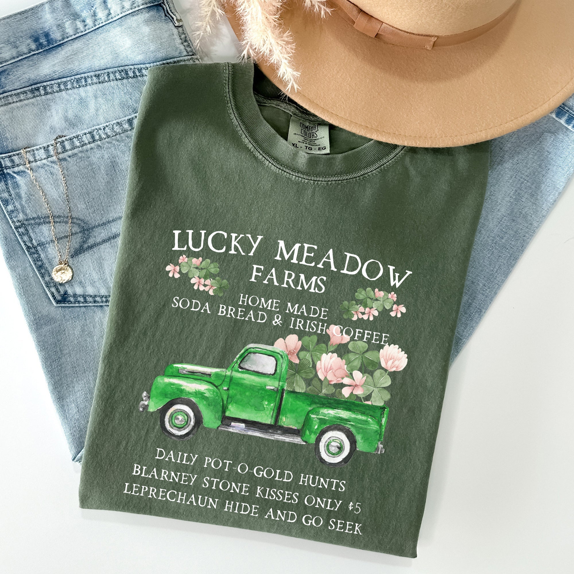 Lucky Meadow Farms Shamrock St Patrick's Day Vintage Crest Edition Comfort Colors Tee