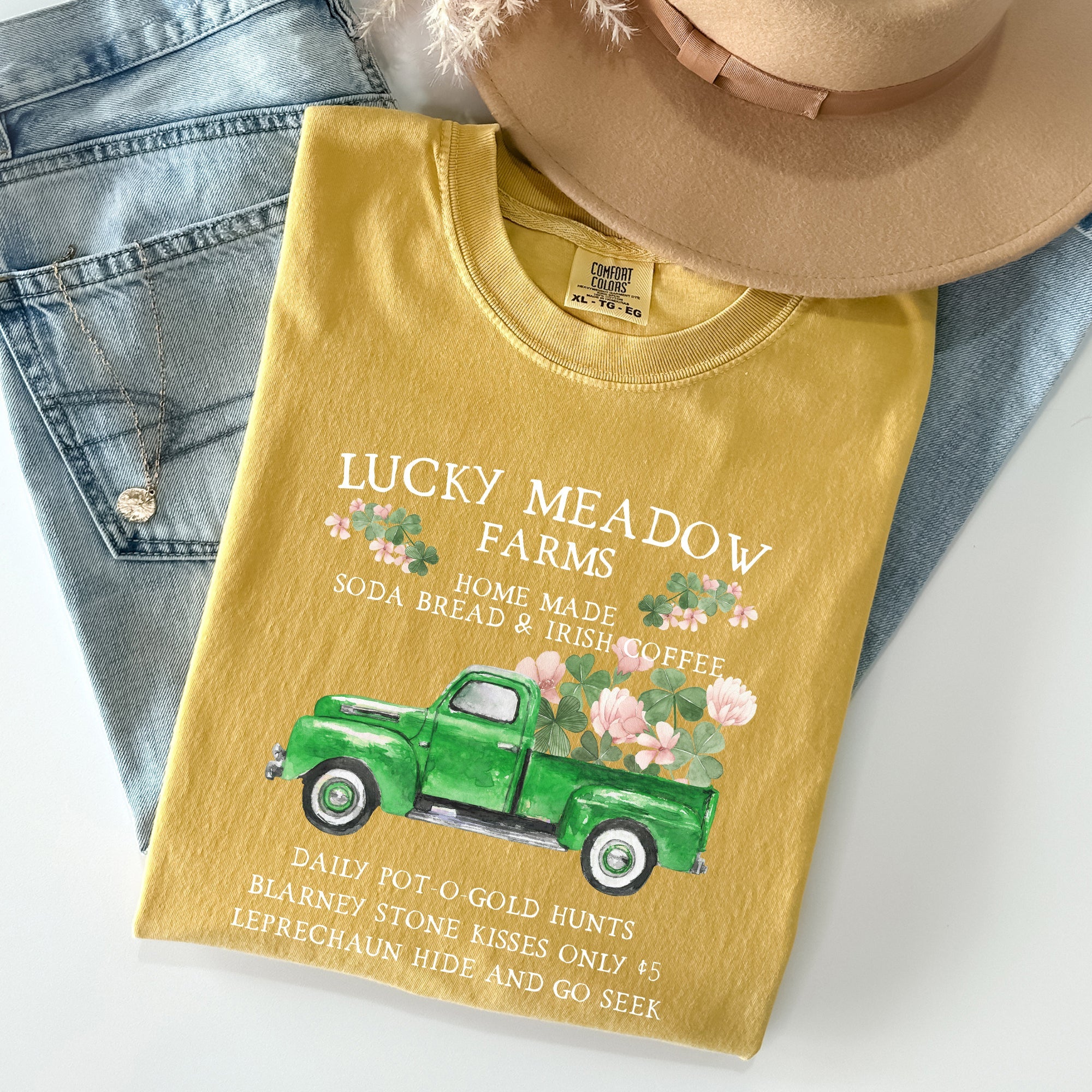 Lucky Meadow Farms Shamrock St Patrick's Day Vintage Crest Edition Comfort Colors Tee