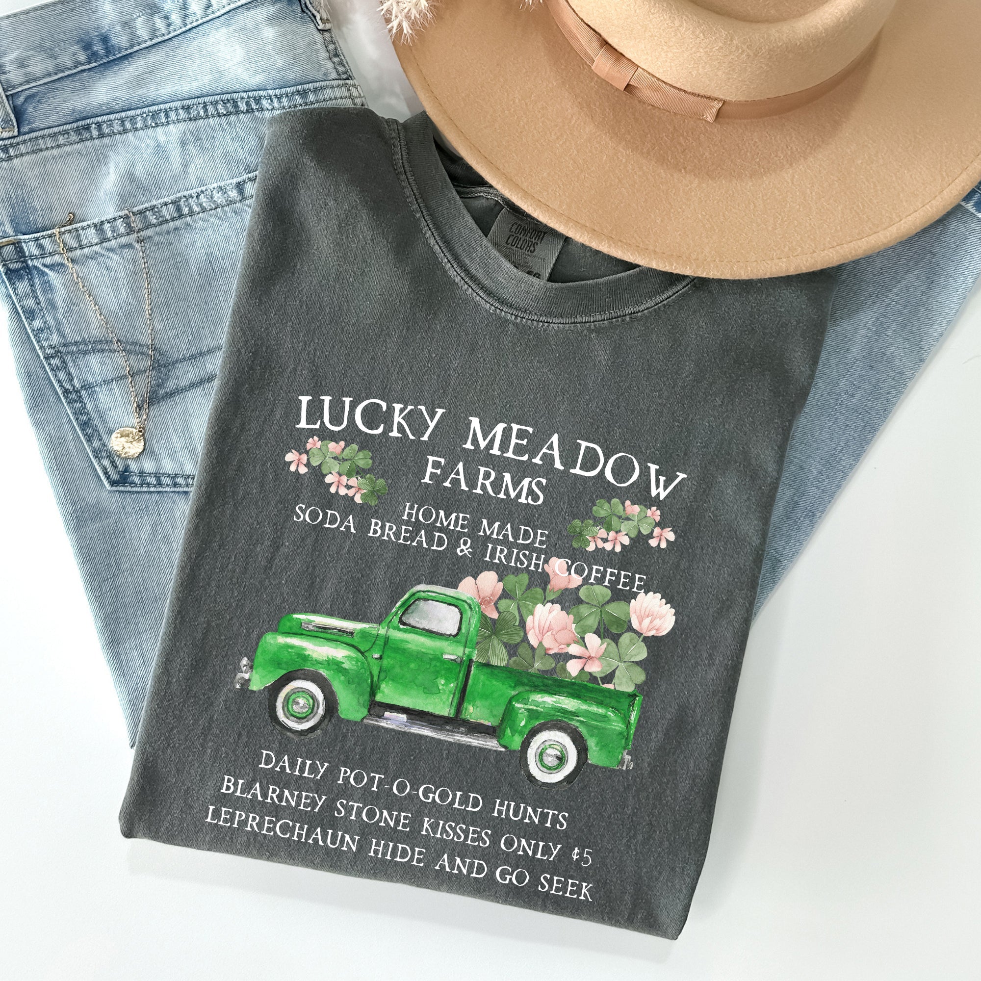 Lucky Meadow Farms Shamrock St Patrick's Day Vintage Crest Edition Comfort Colors Tee