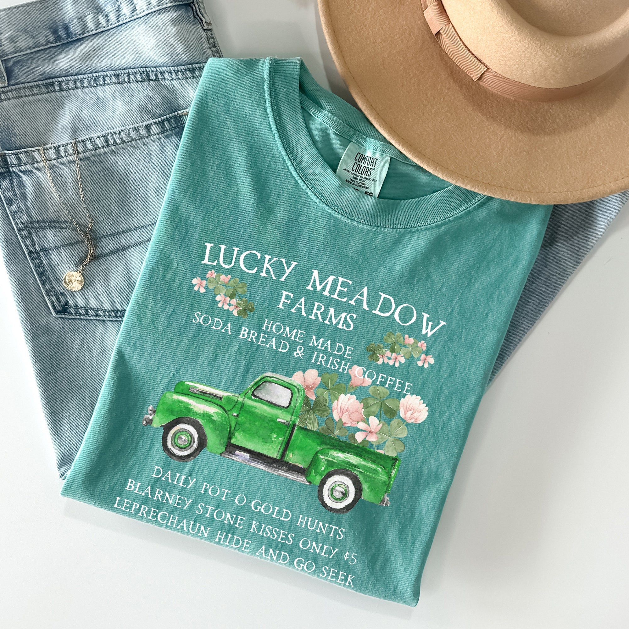 Lucky Meadow Farms Shamrock St Patrick's Day Vintage Crest Edition Comfort Colors Tee