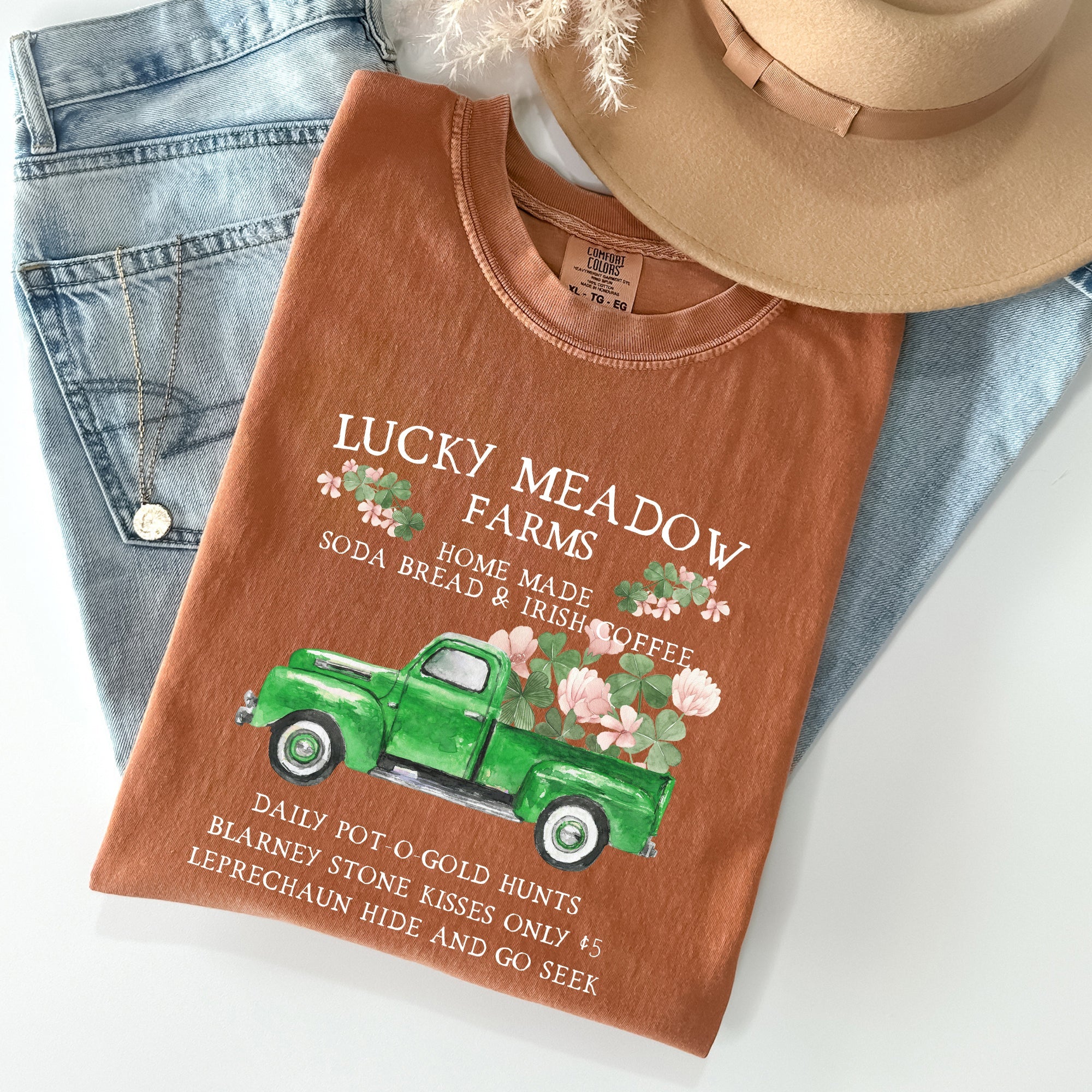 Lucky Meadow Farms Shamrock St Patrick's Day Vintage Crest Edition Comfort Colors Tee