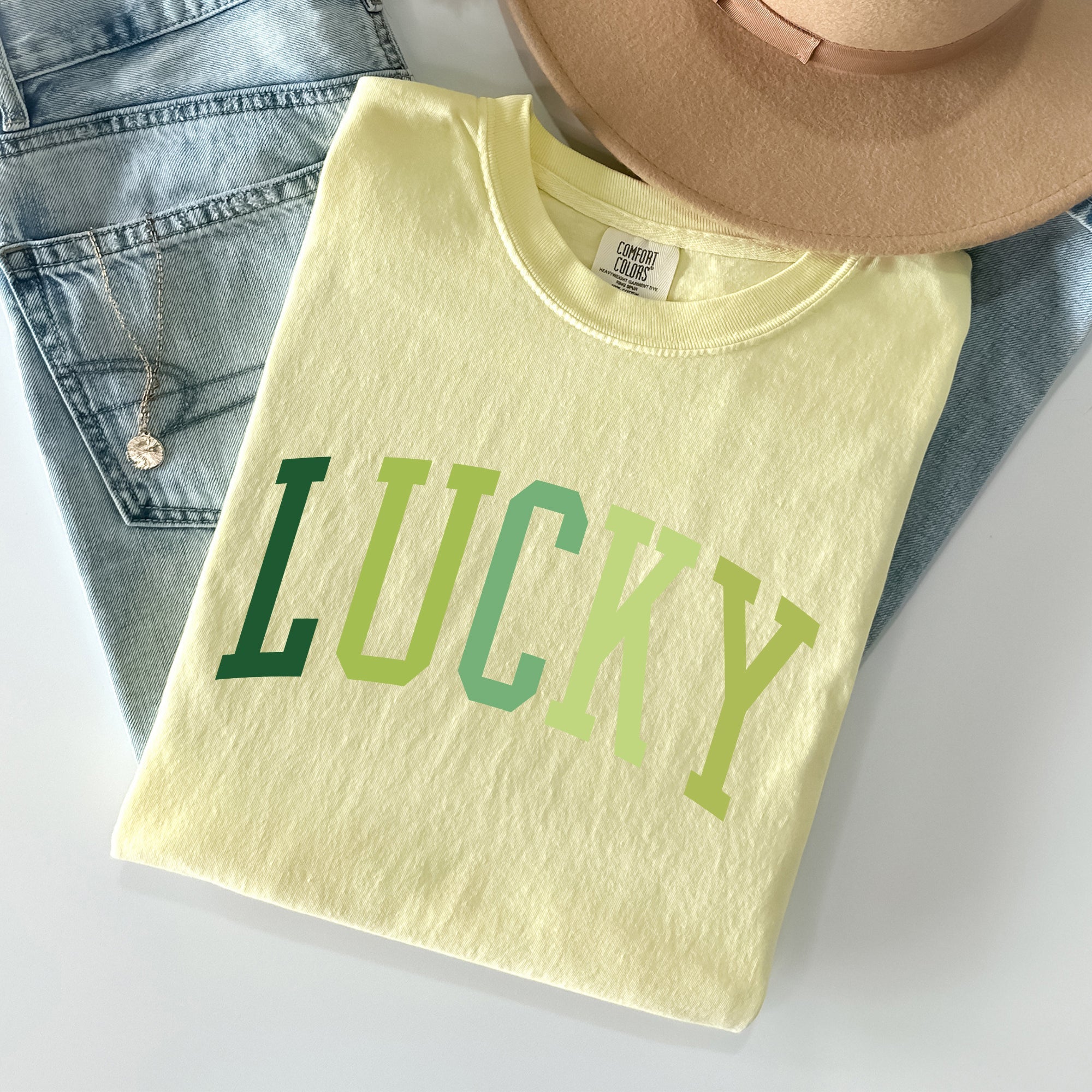 Lucky, Collegiate, St Patrick's Day Vintage Shamrock Celebration Edition Comfort Colors Tee
