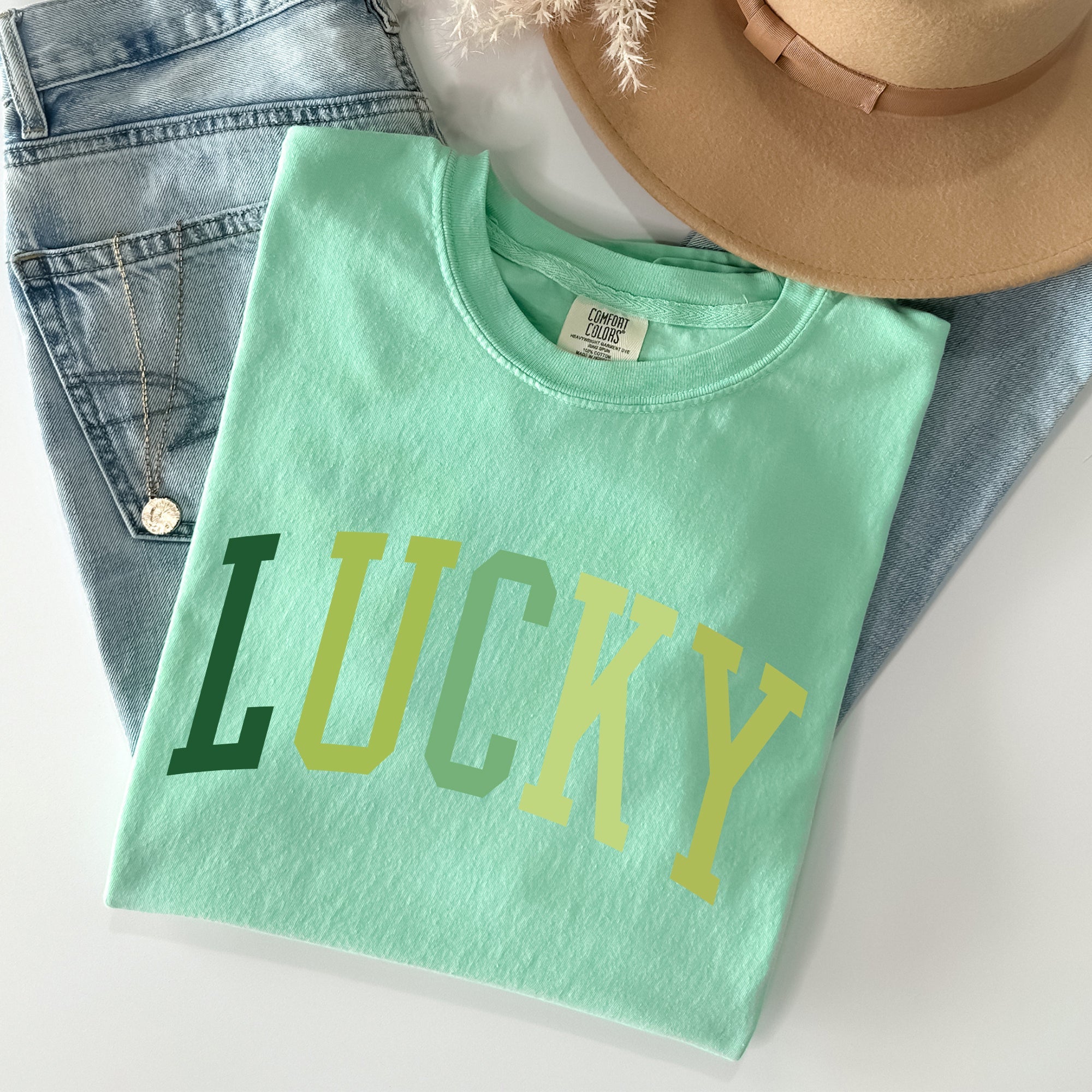 Lucky, Collegiate, St Patrick's Day Vintage Shamrock Celebration Edition Comfort Colors Tee