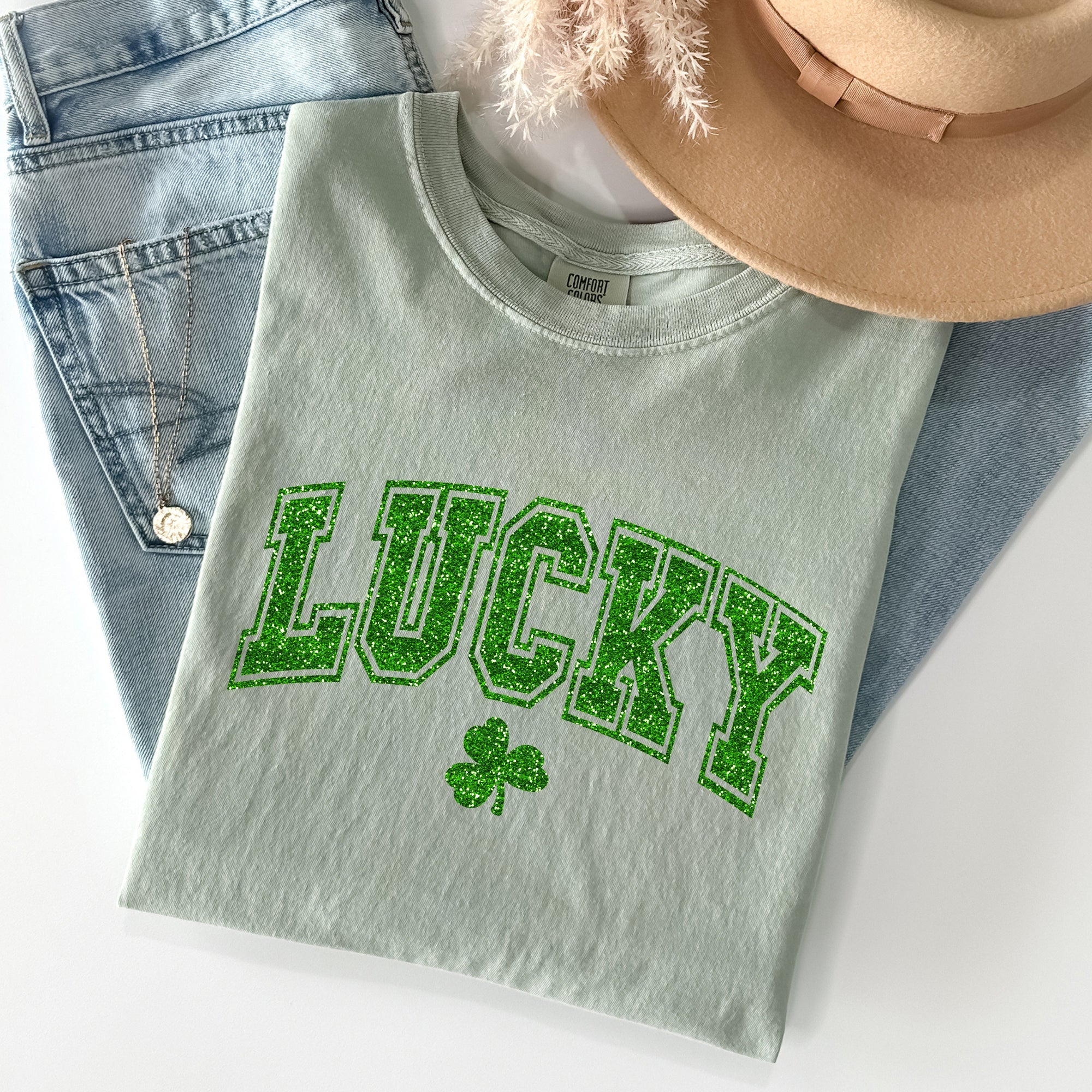 Lucky Glitter Shamrock St Patrick's Day Vintage Shamrock Motifs Comfort Colors Tee