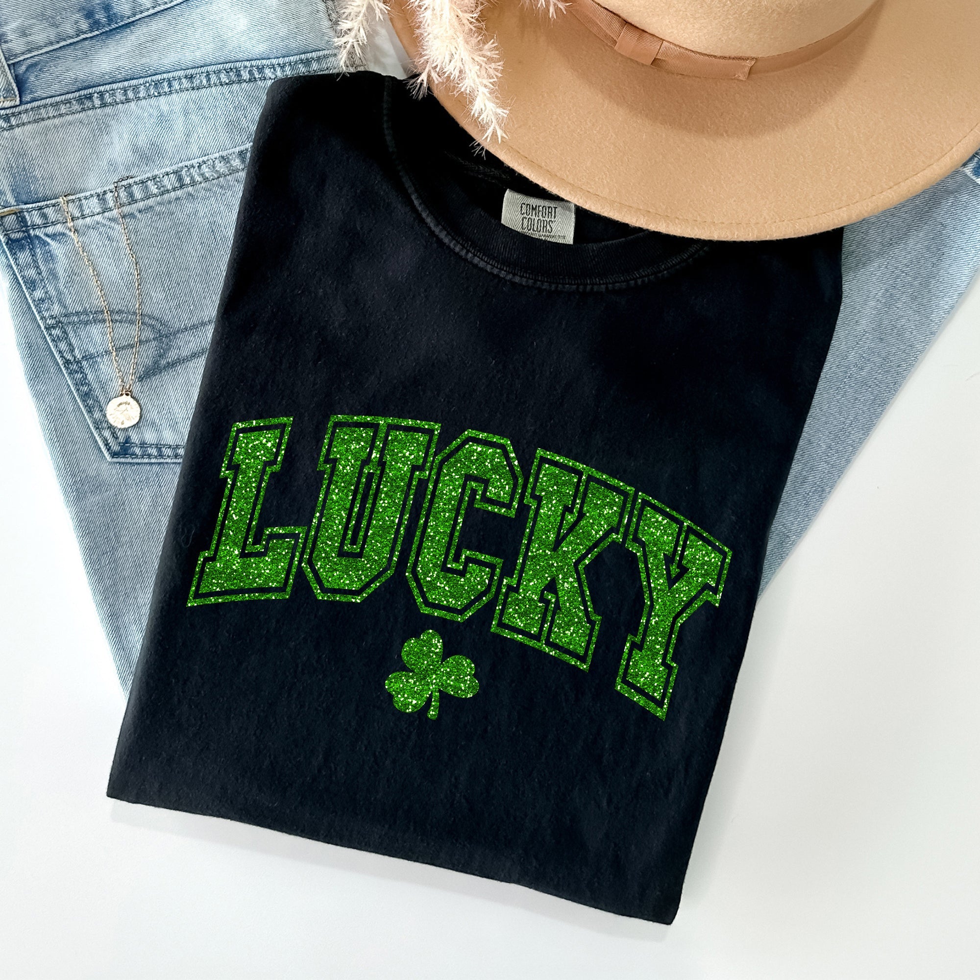 Lucky Glitter Shamrock St Patrick's Day Vintage Shamrock Motifs Comfort Colors Tee