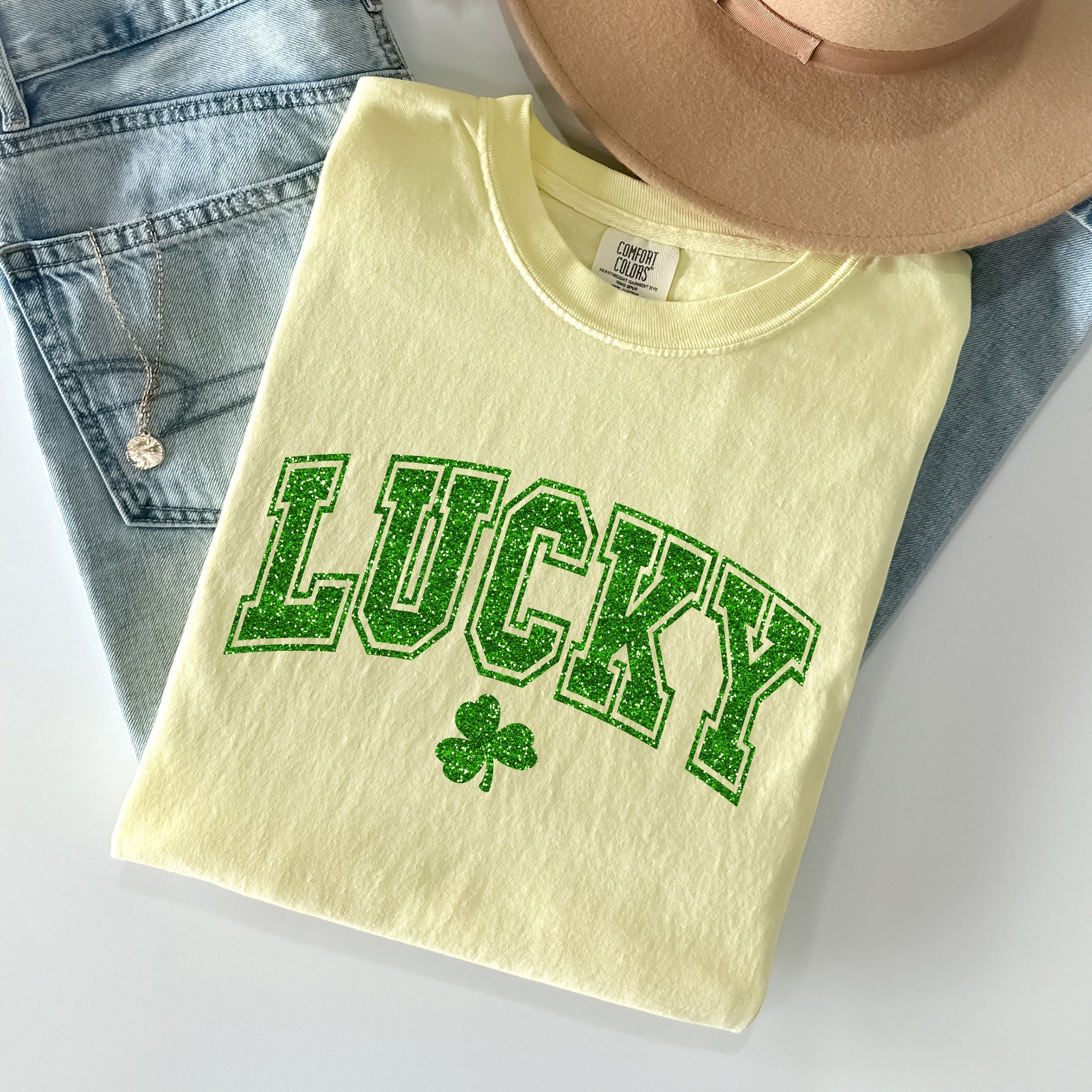 Lucky Glitter Shamrock St Patrick's Day Vintage Shamrock Motifs Comfort Colors Tee