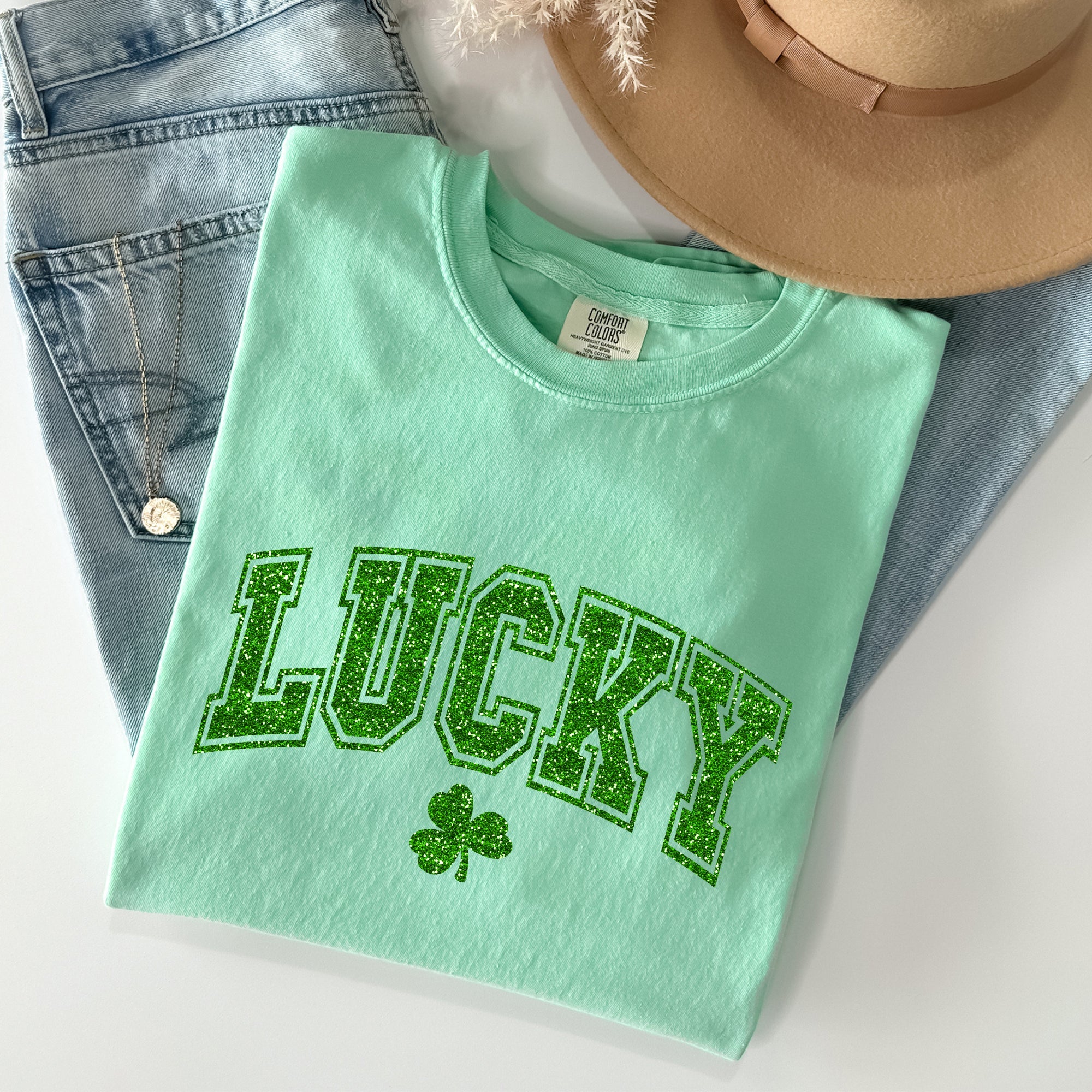 Lucky Glitter Shamrock St Patrick's Day Vintage Shamrock Motifs Comfort Colors Tee