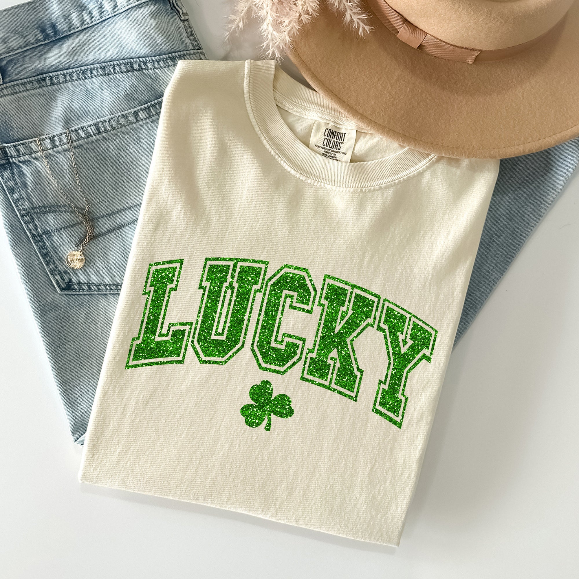 Lucky Glitter Shamrock St Patrick's Day Vintage Shamrock Motifs Comfort Colors Tee