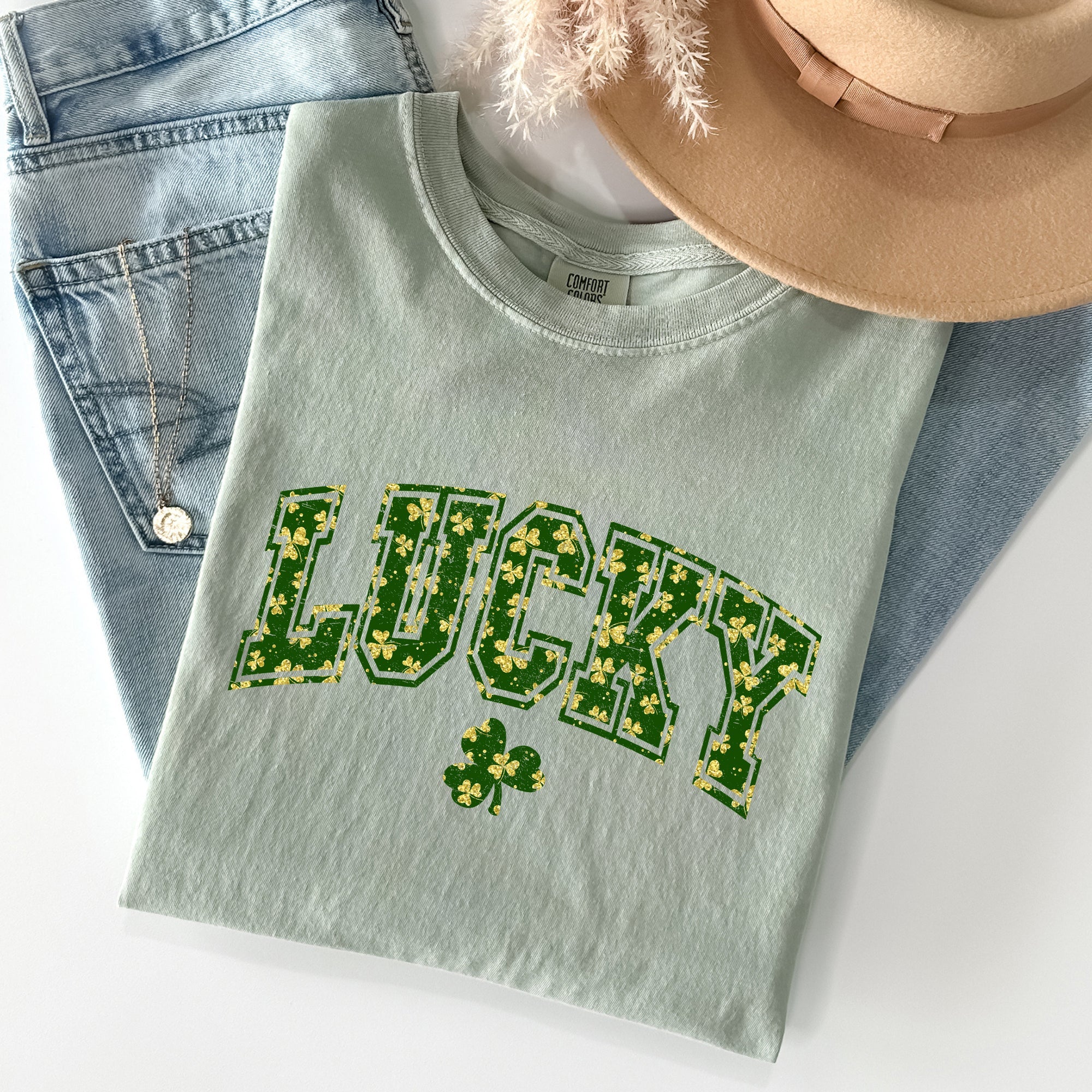 Lucky Glitter Shamrock Vintage St Patrick's Day Limited Edition Comfort Colors Tee