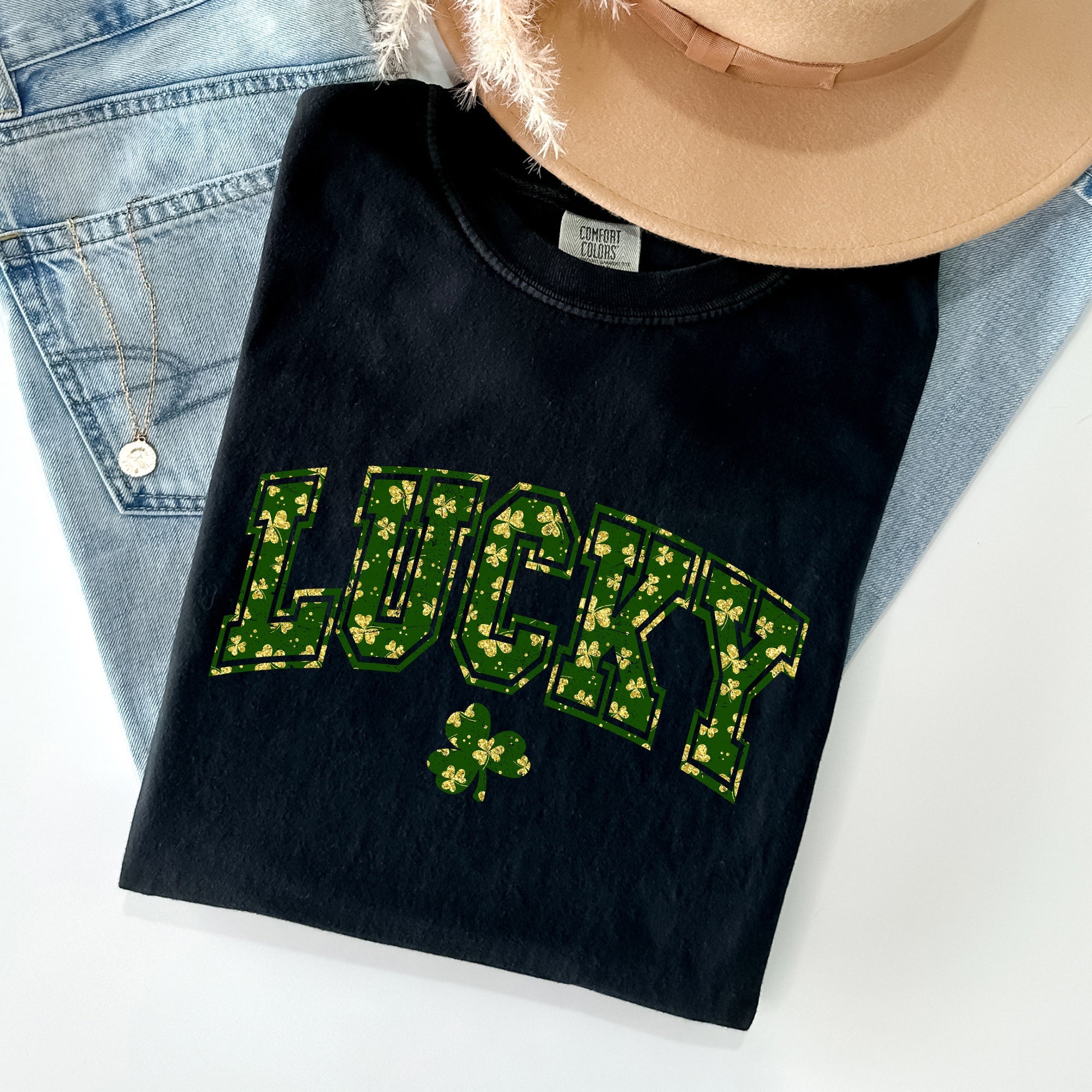 Lucky Glitter Shamrock Vintage St Patrick's Day Limited Edition Comfort Colors Tee