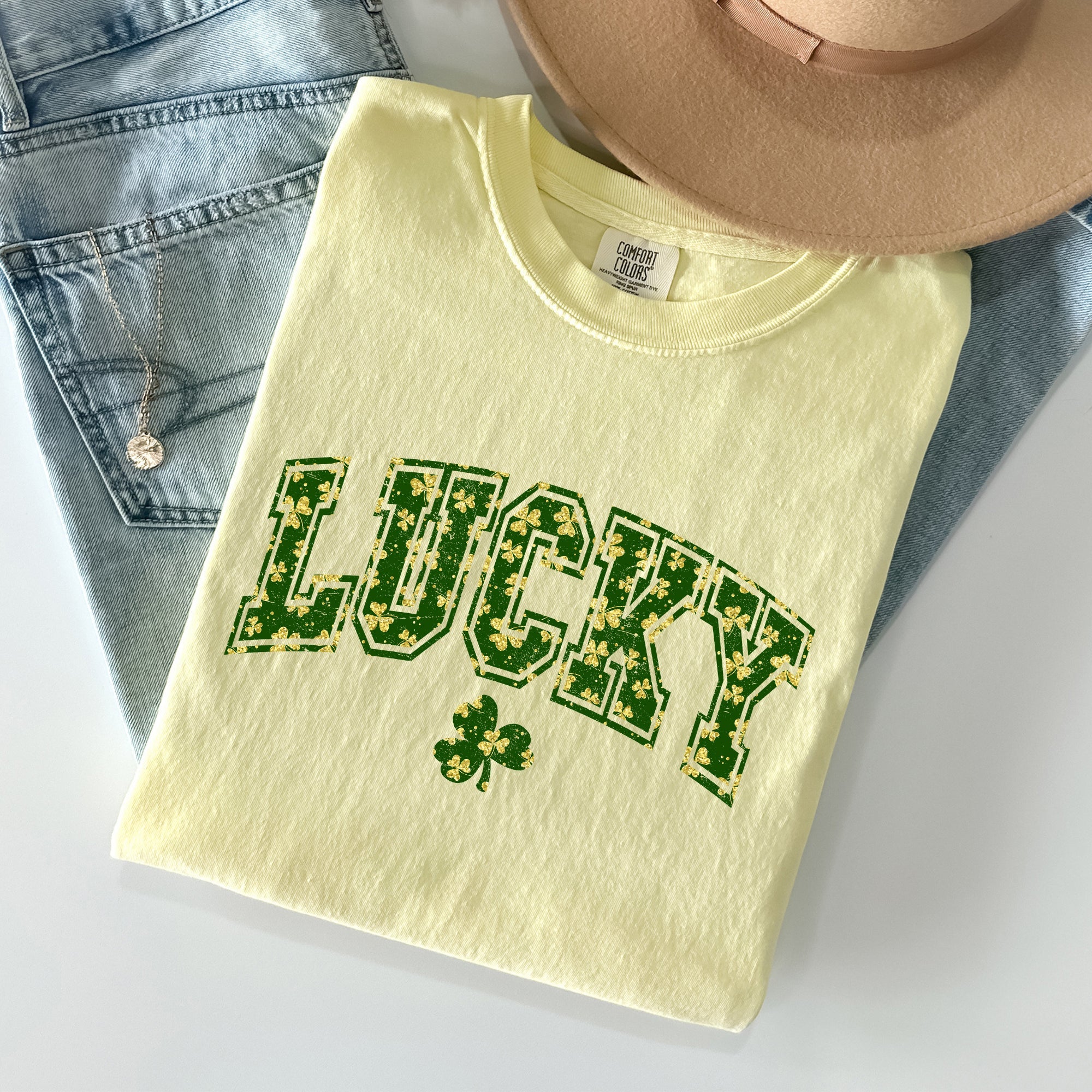 Lucky Glitter Shamrock Vintage St Patrick's Day Limited Edition Comfort Colors Tee