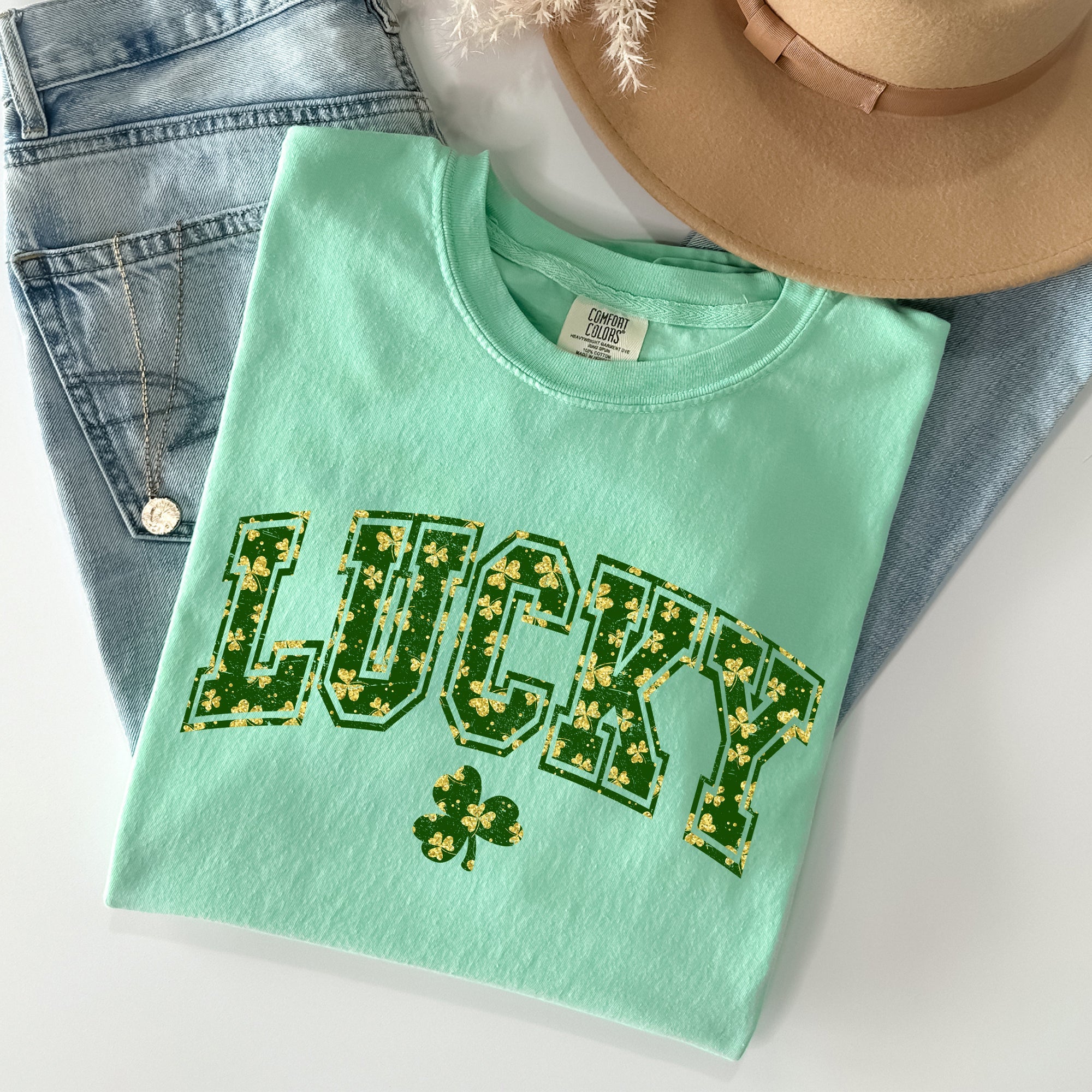 Lucky Glitter Shamrock Vintage St Patrick's Day Limited Edition Comfort Colors Tee