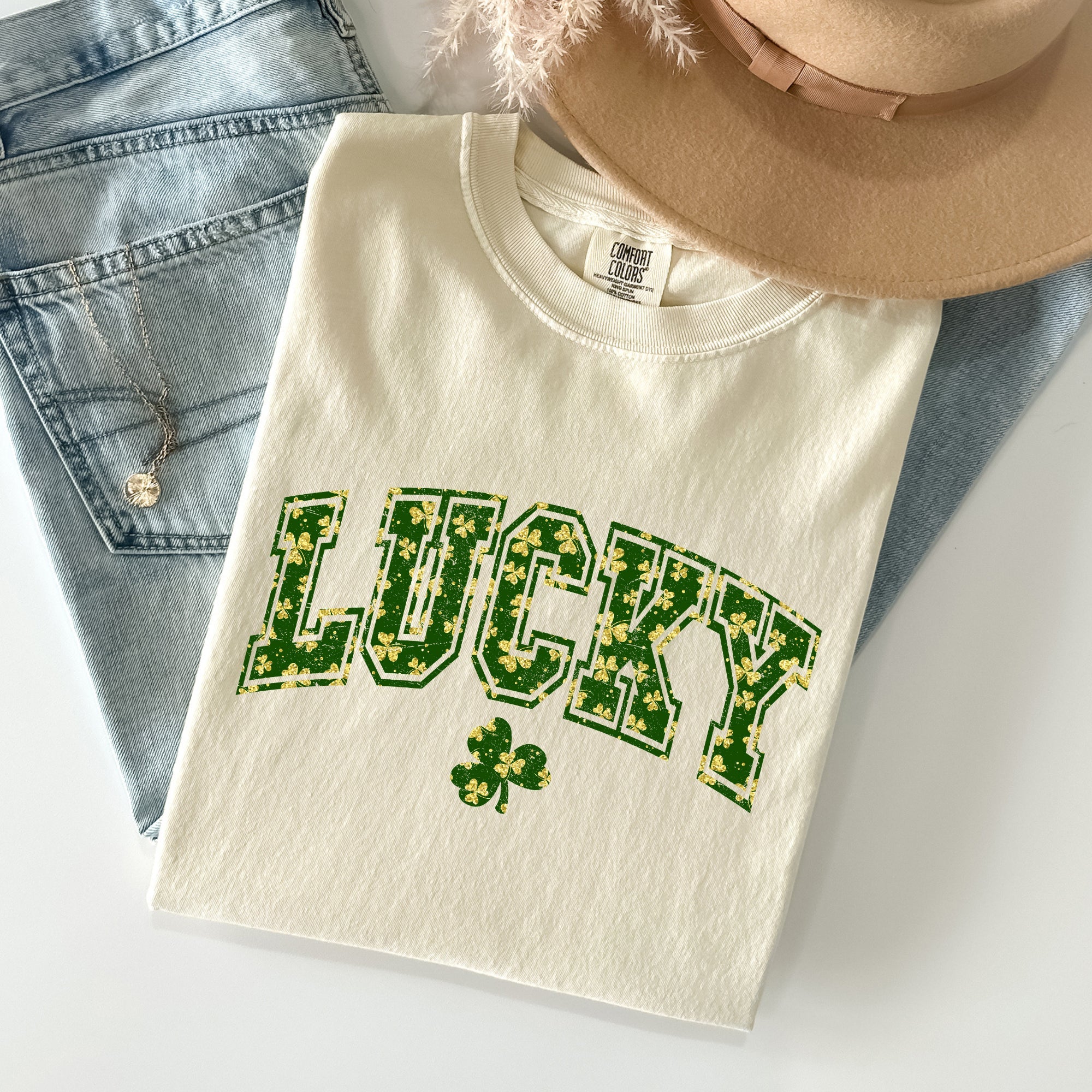 Lucky Glitter Shamrock Vintage St Patrick's Day Limited Edition Comfort Colors Tee