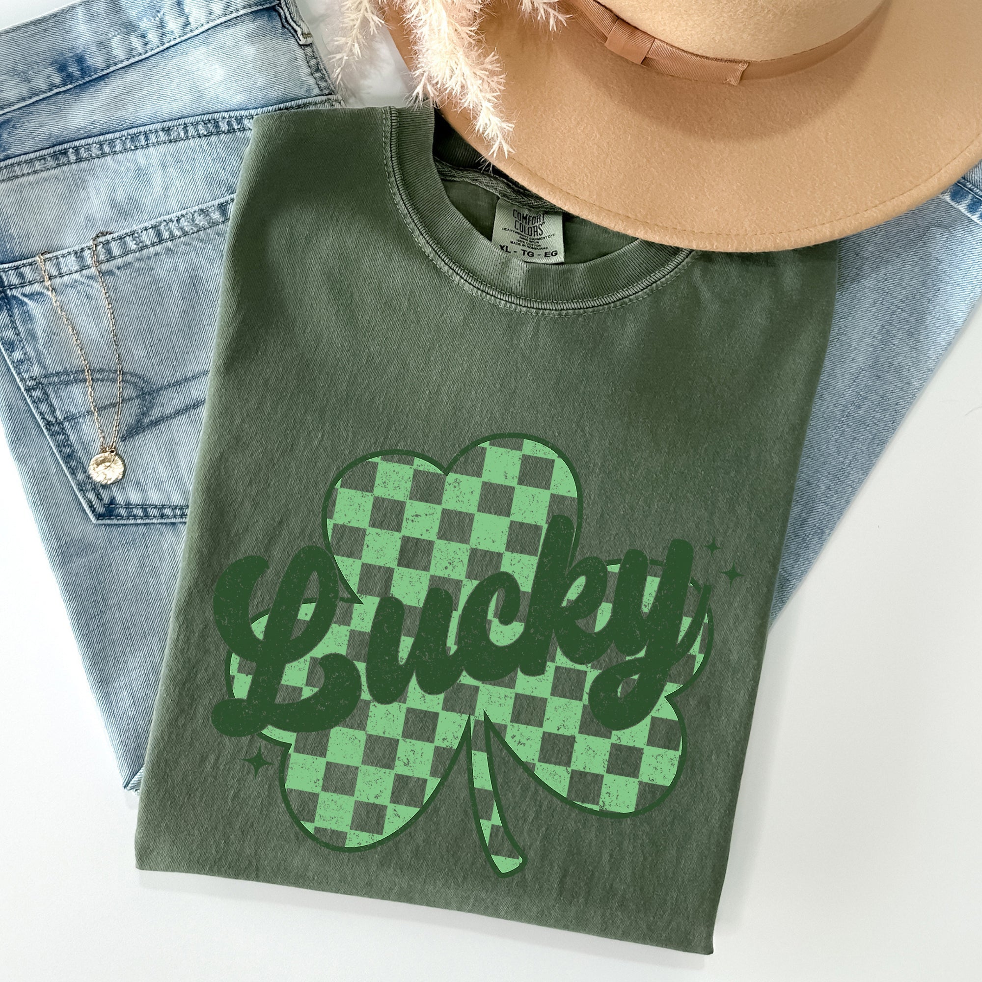 Lucky Shamrock Checker Print St Patrick's Day Vintage Festival Edition Comfort Colors Tee
