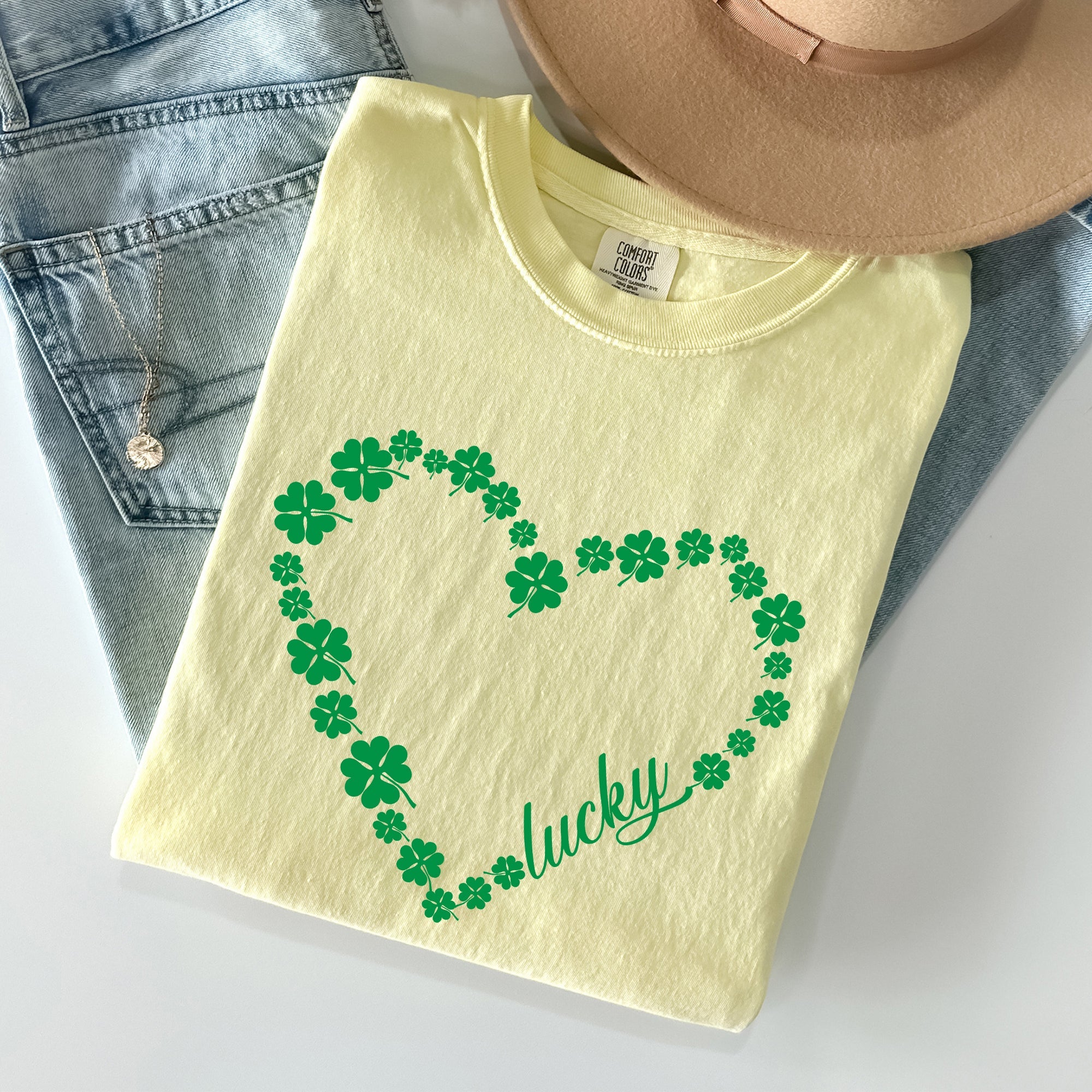 Shamrock Heart Lucky St Patrick's Day Vintage Shamrock Themed Comfort Colors Tee