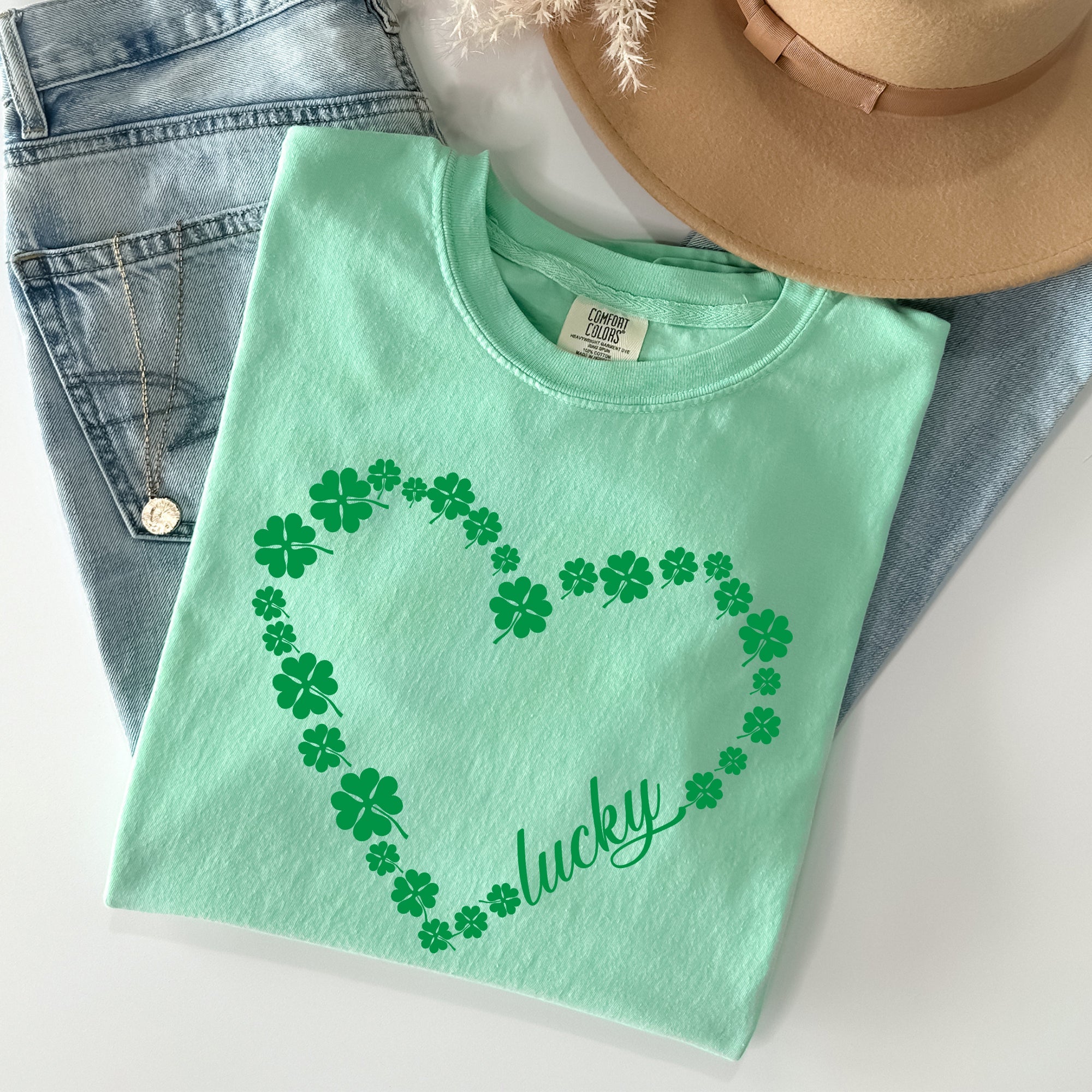 Shamrock Heart Lucky St Patrick's Day Vintage Shamrock Themed Comfort Colors Tee