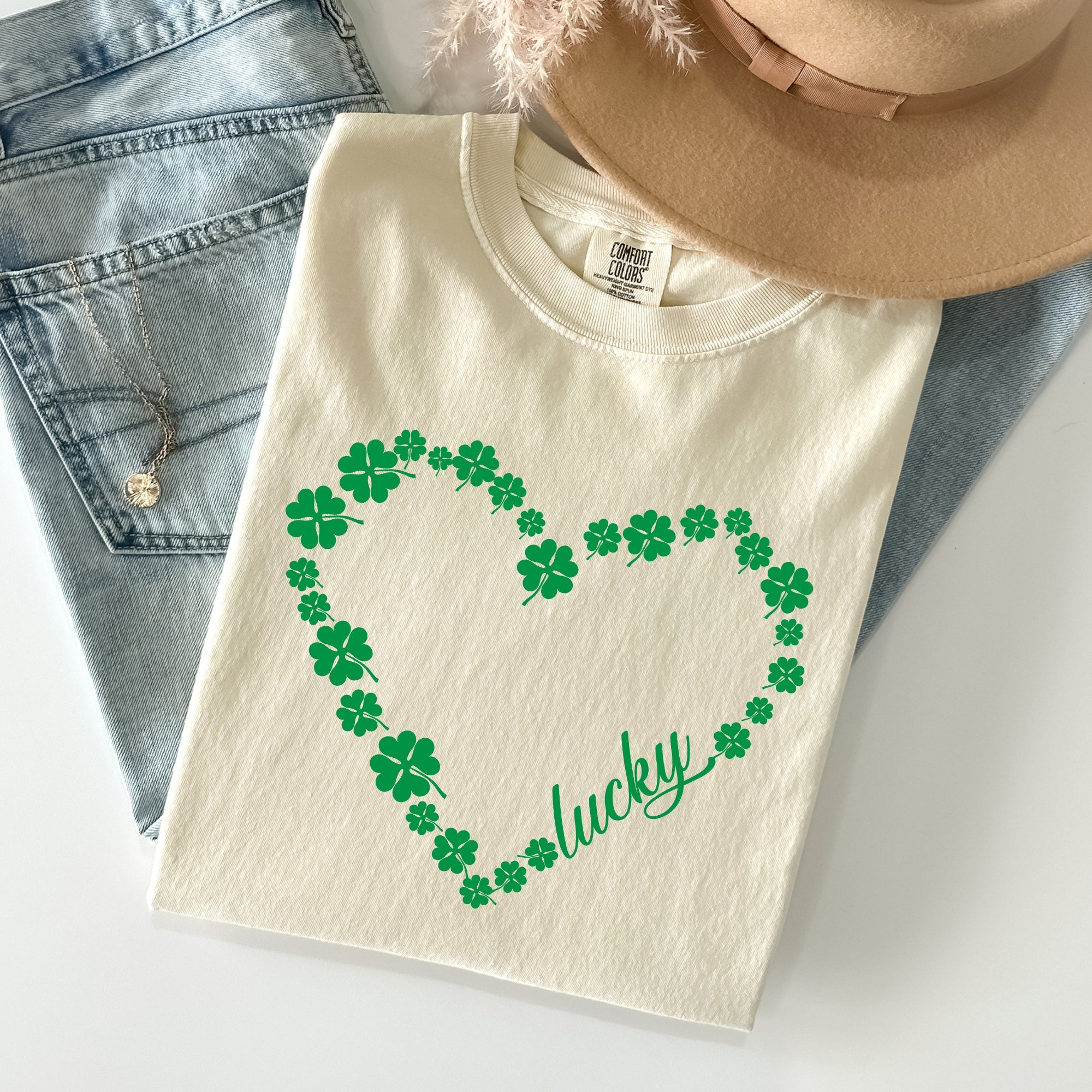 Shamrock Heart Lucky St Patrick's Day Vintage Shamrock Themed Comfort Colors Tee