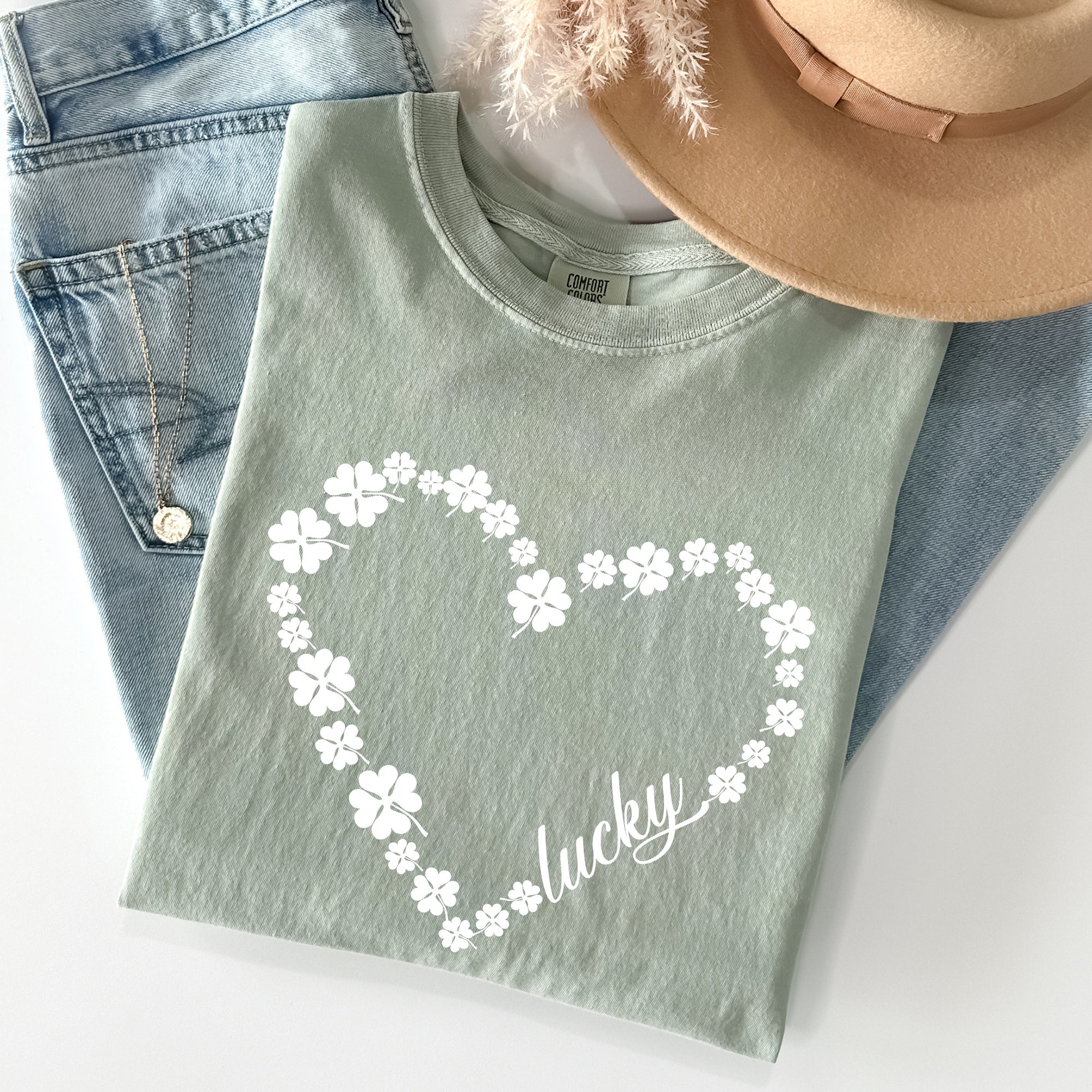 Shamrock Heart Lucky St Patrick's Day Vintage Shamrock Themed Comfort Colors Tee