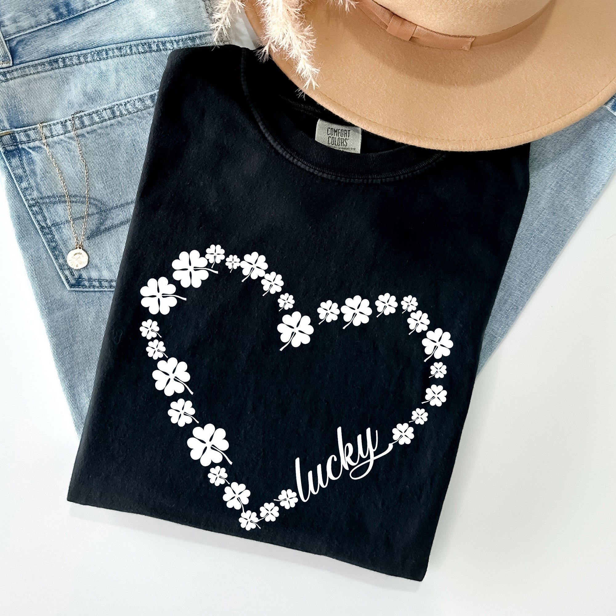 Shamrock Heart Lucky St Patrick's Day Vintage Shamrock Themed Comfort Colors Tee