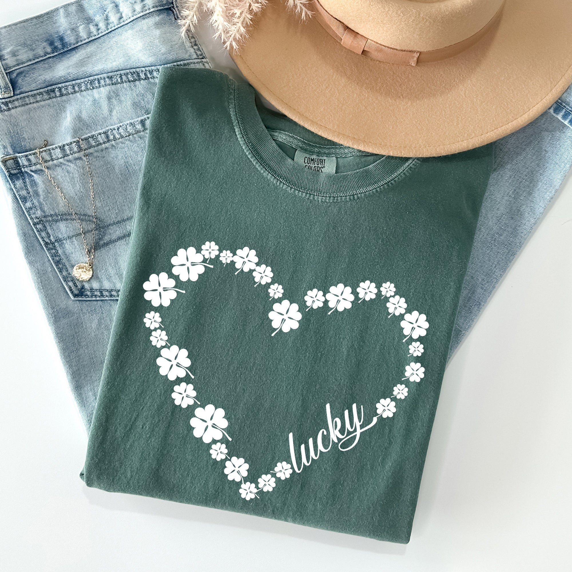 Shamrock Heart Lucky St Patrick's Day Vintage Shamrock Themed Comfort Colors Tee