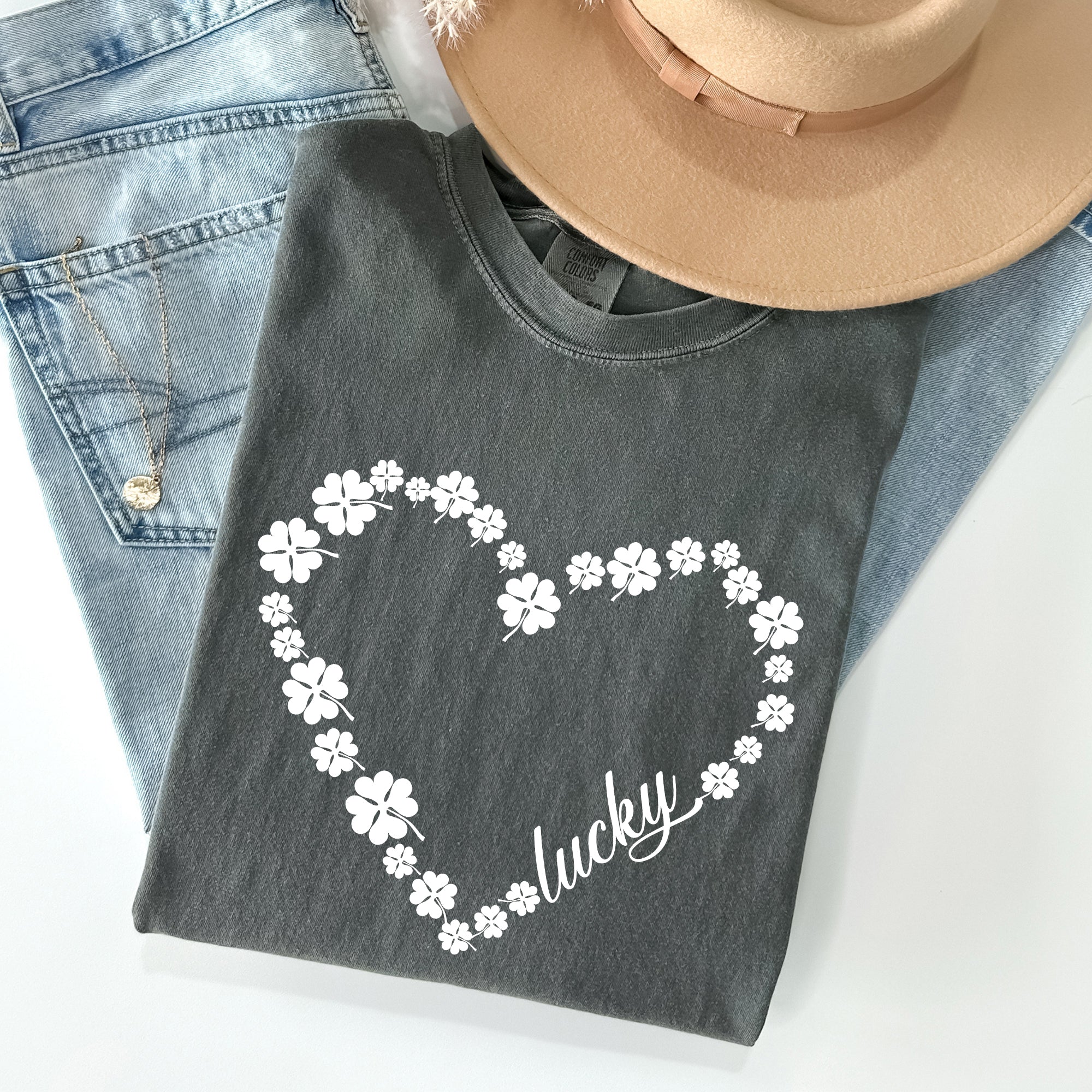 Shamrock Heart Lucky St Patrick's Day Vintage Shamrock Themed Comfort Colors Tee