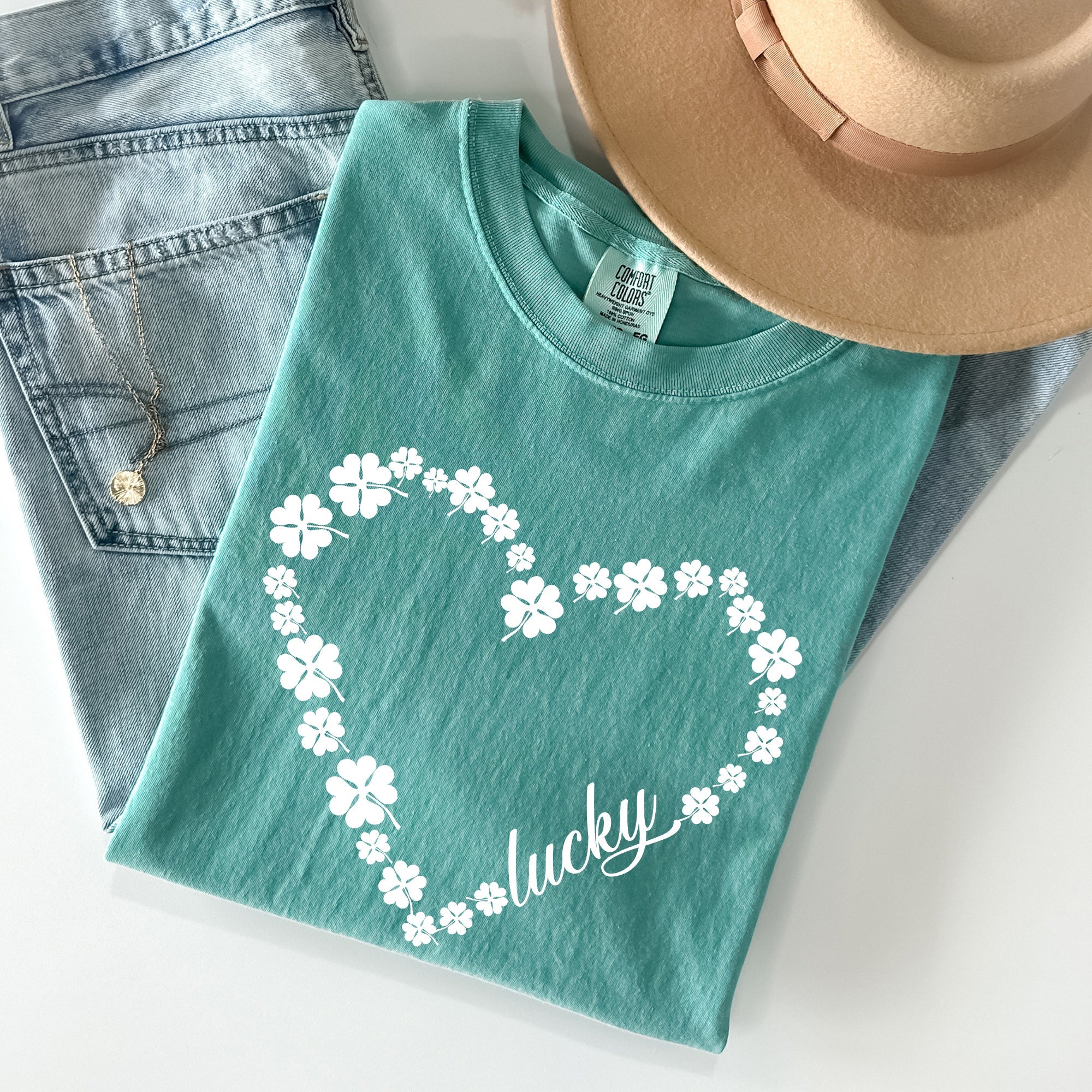 Shamrock Heart Lucky St Patrick's Day Vintage Shamrock Themed Comfort Colors Tee