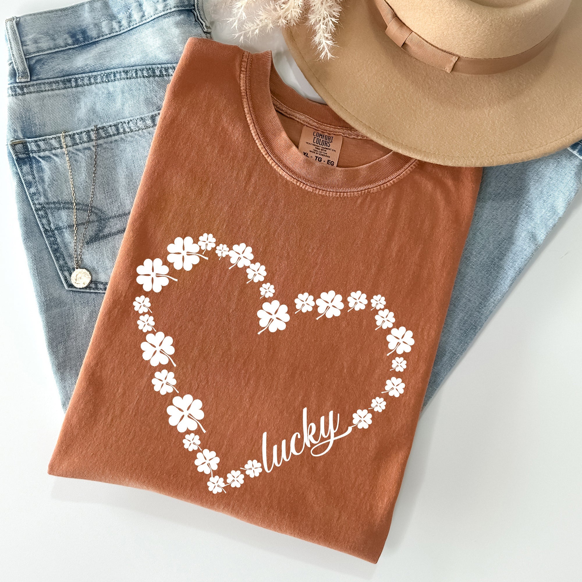 Shamrock Heart Lucky St Patrick's Day Vintage Shamrock Themed Comfort Colors Tee