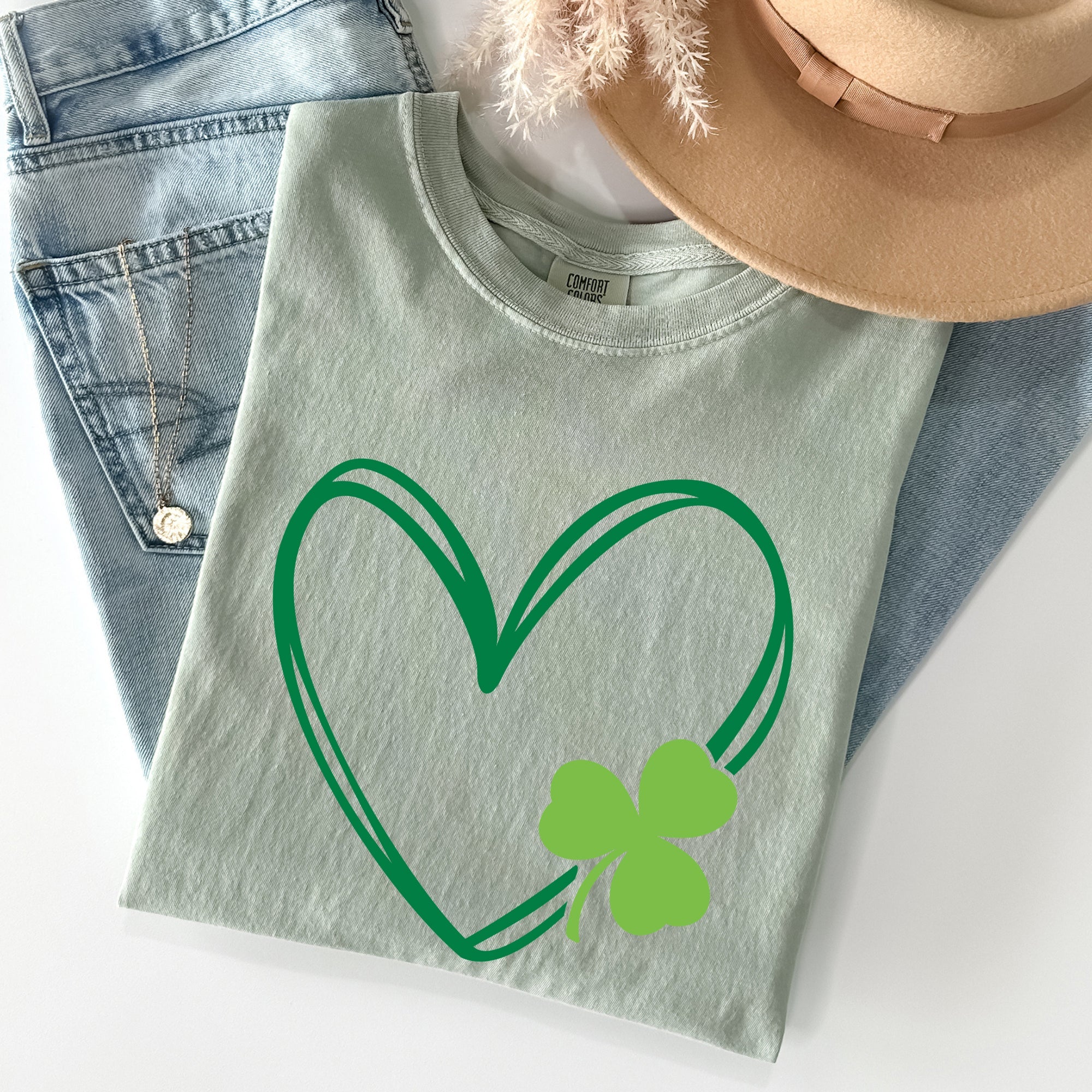 Double Heart With Shamrock St Patrick's Day Limited Edition Vintage Comfort Colors Tee