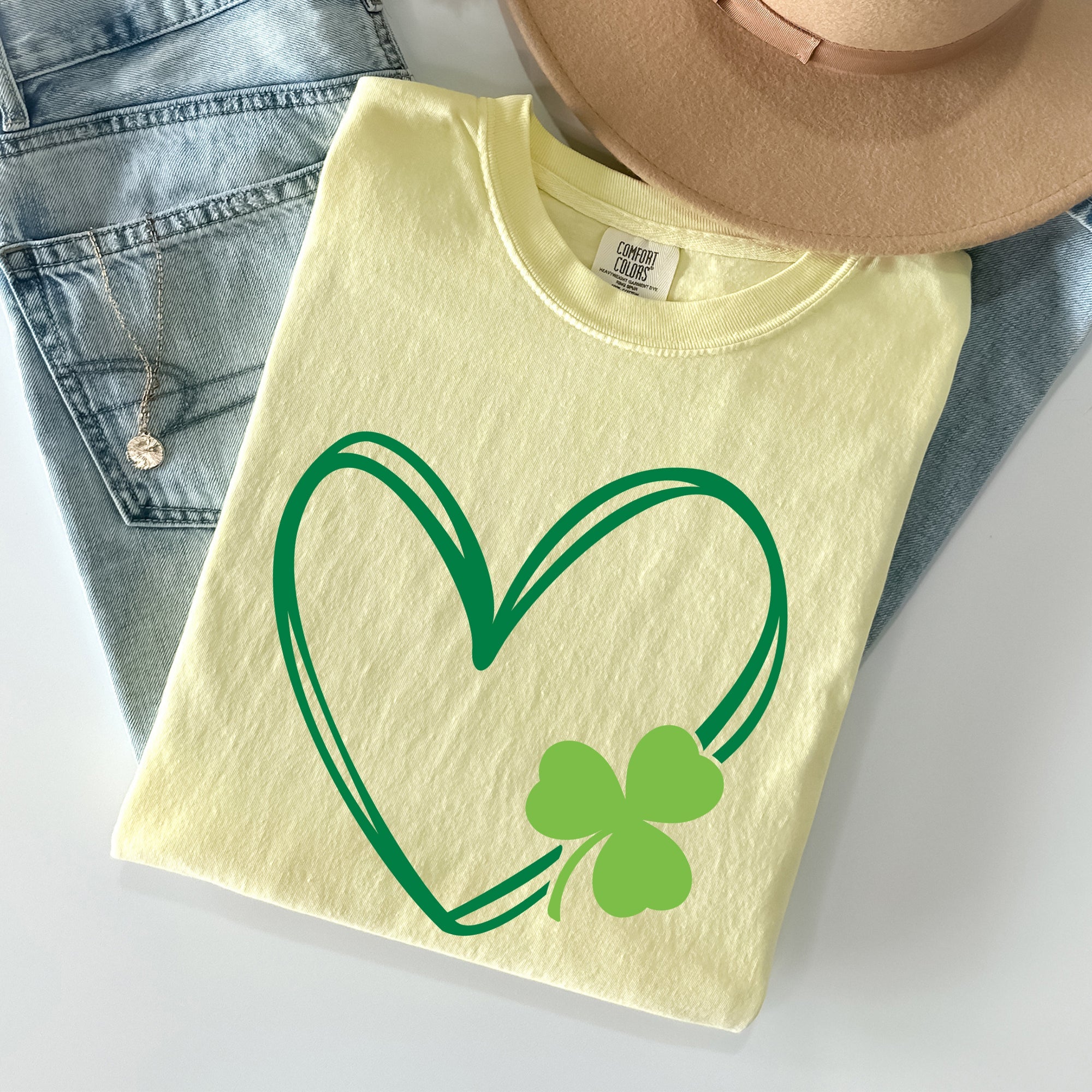 Double Heart With Shamrock St Patrick's Day Limited Edition Vintage Comfort Colors Tee
