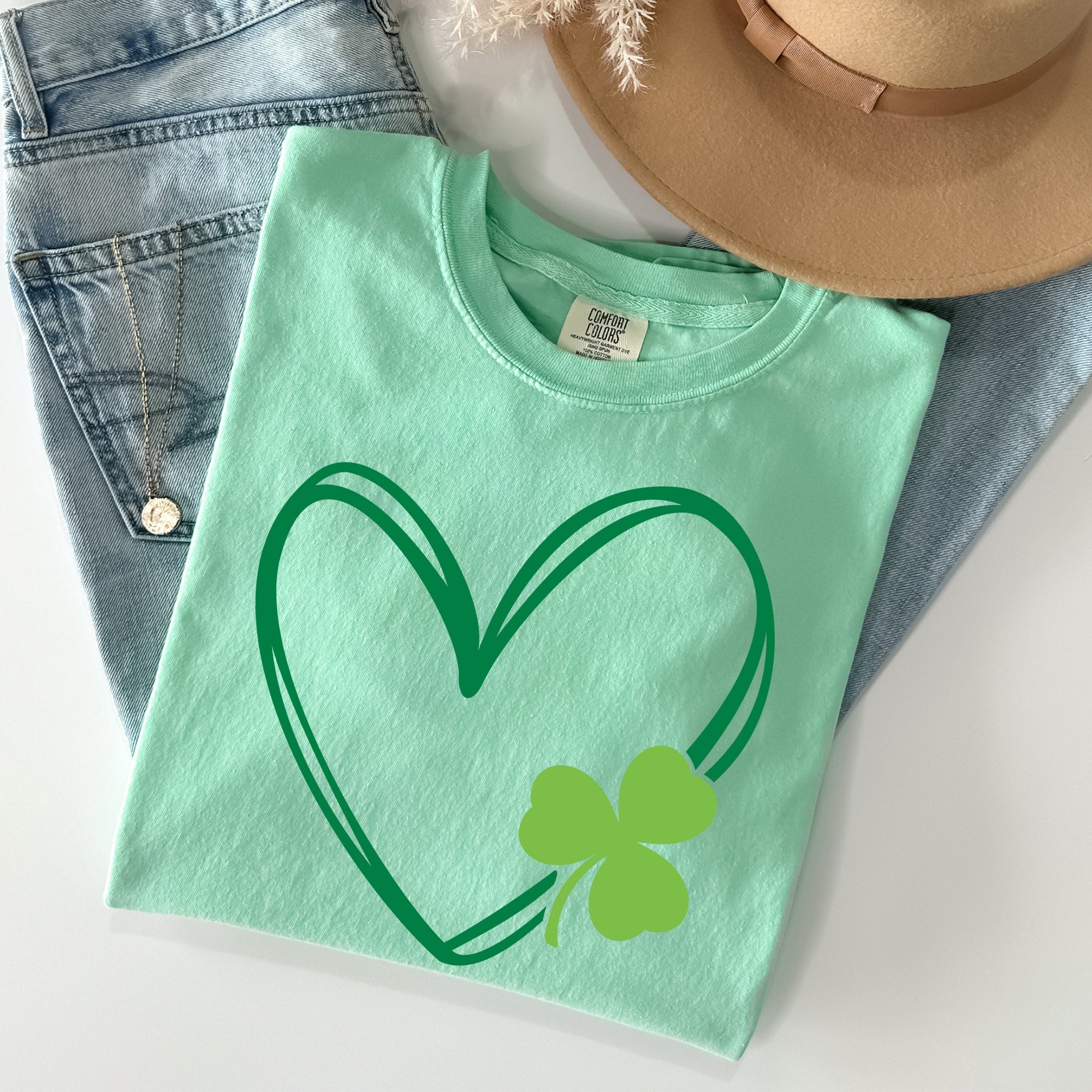 Double Heart With Shamrock St Patrick's Day Limited Edition Vintage Comfort Colors Tee
