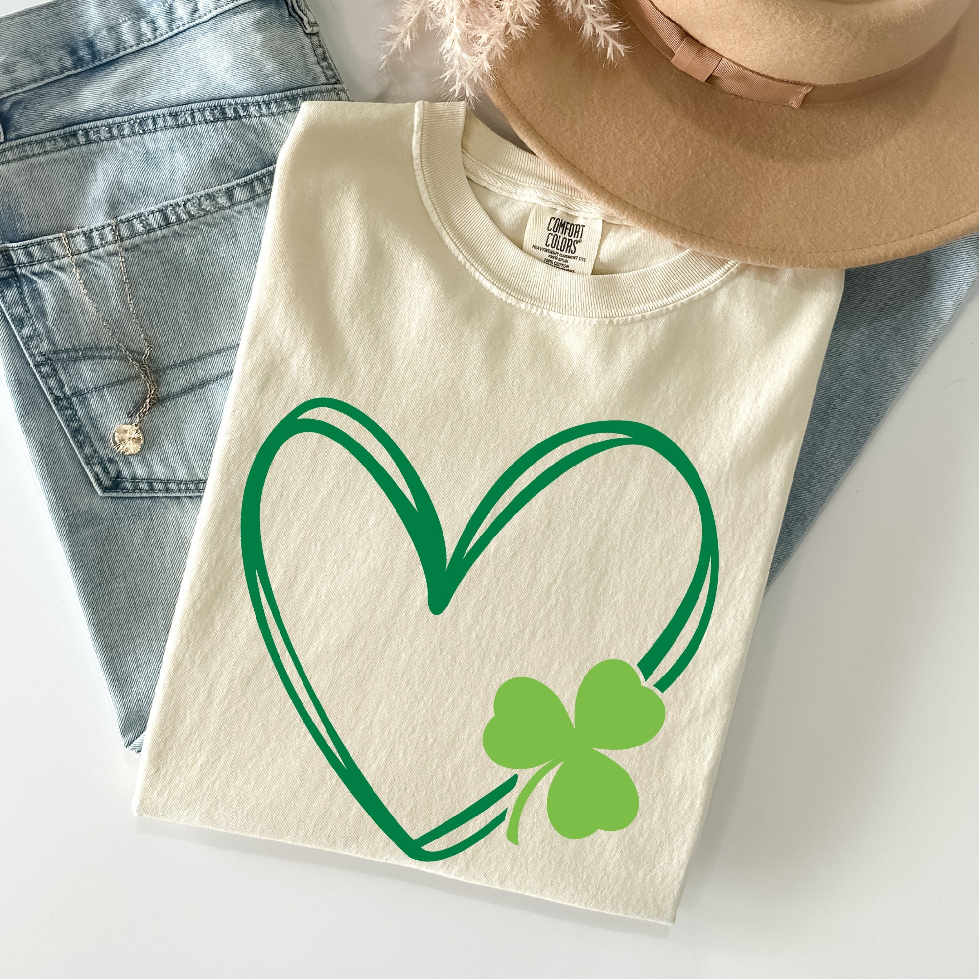 Double Heart With Shamrock St Patrick's Day Limited Edition Vintage Comfort Colors Tee