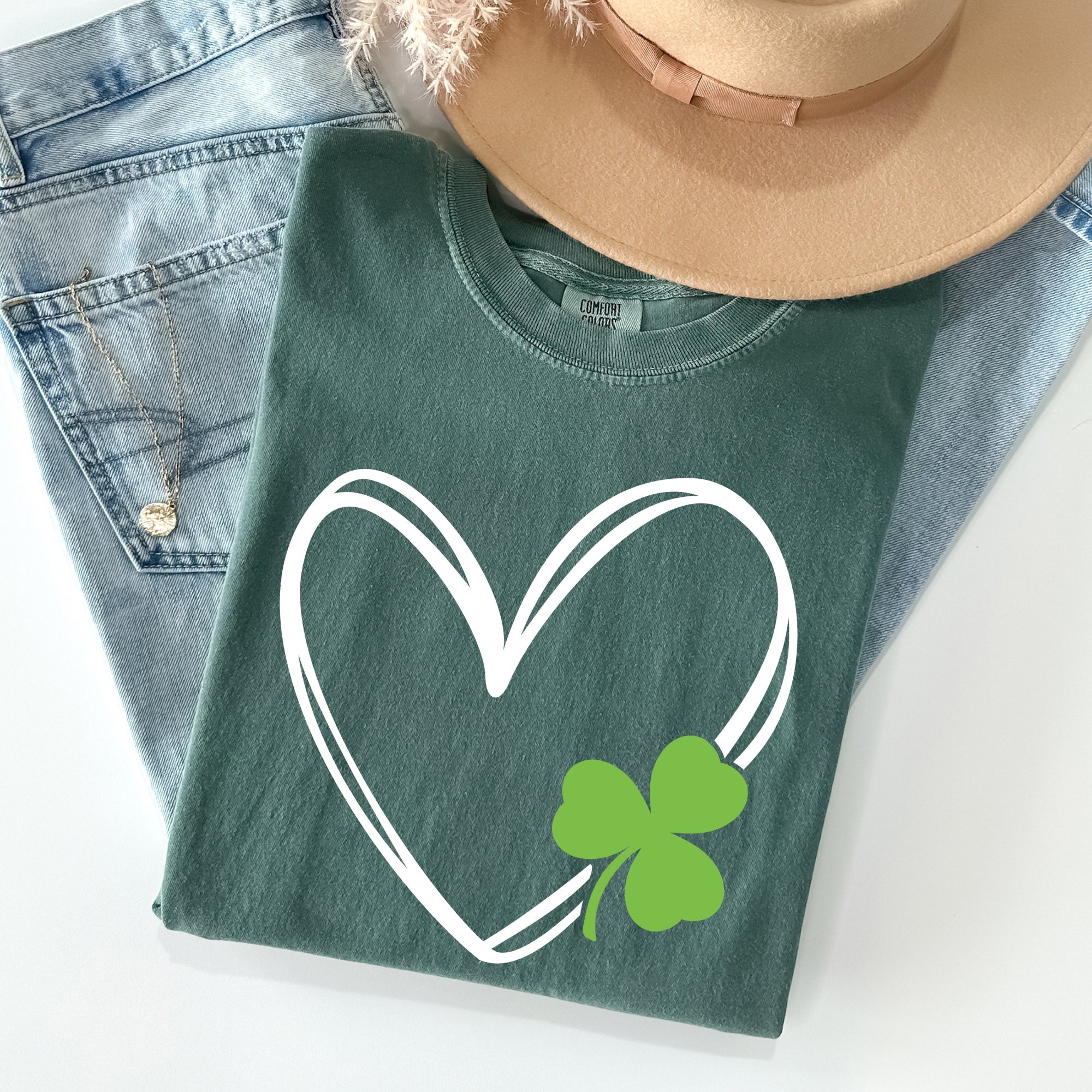 Double Heart With Shamrock St Patrick's Day Limited Edition Vintage Comfort Colors Tee