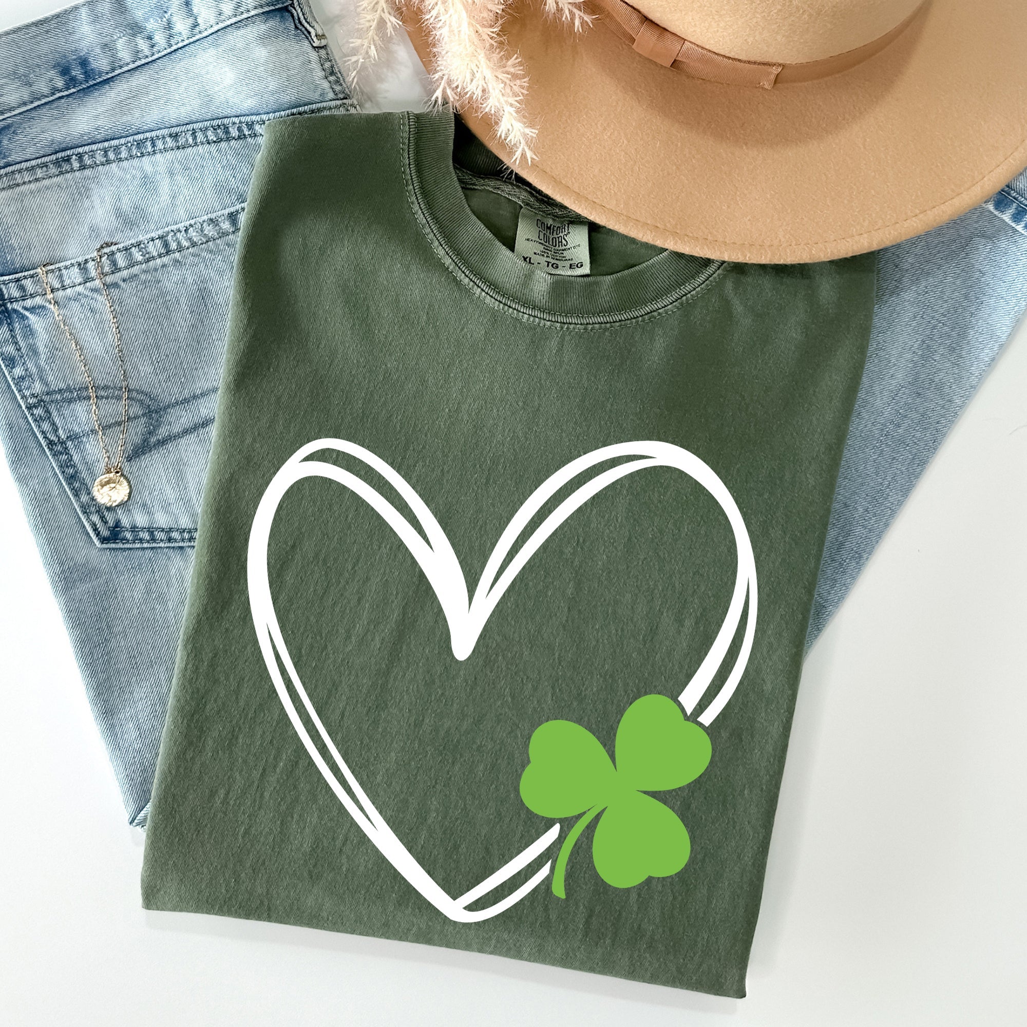 Double Heart With Shamrock St Patrick's Day Limited Edition Vintage Comfort Colors Tee