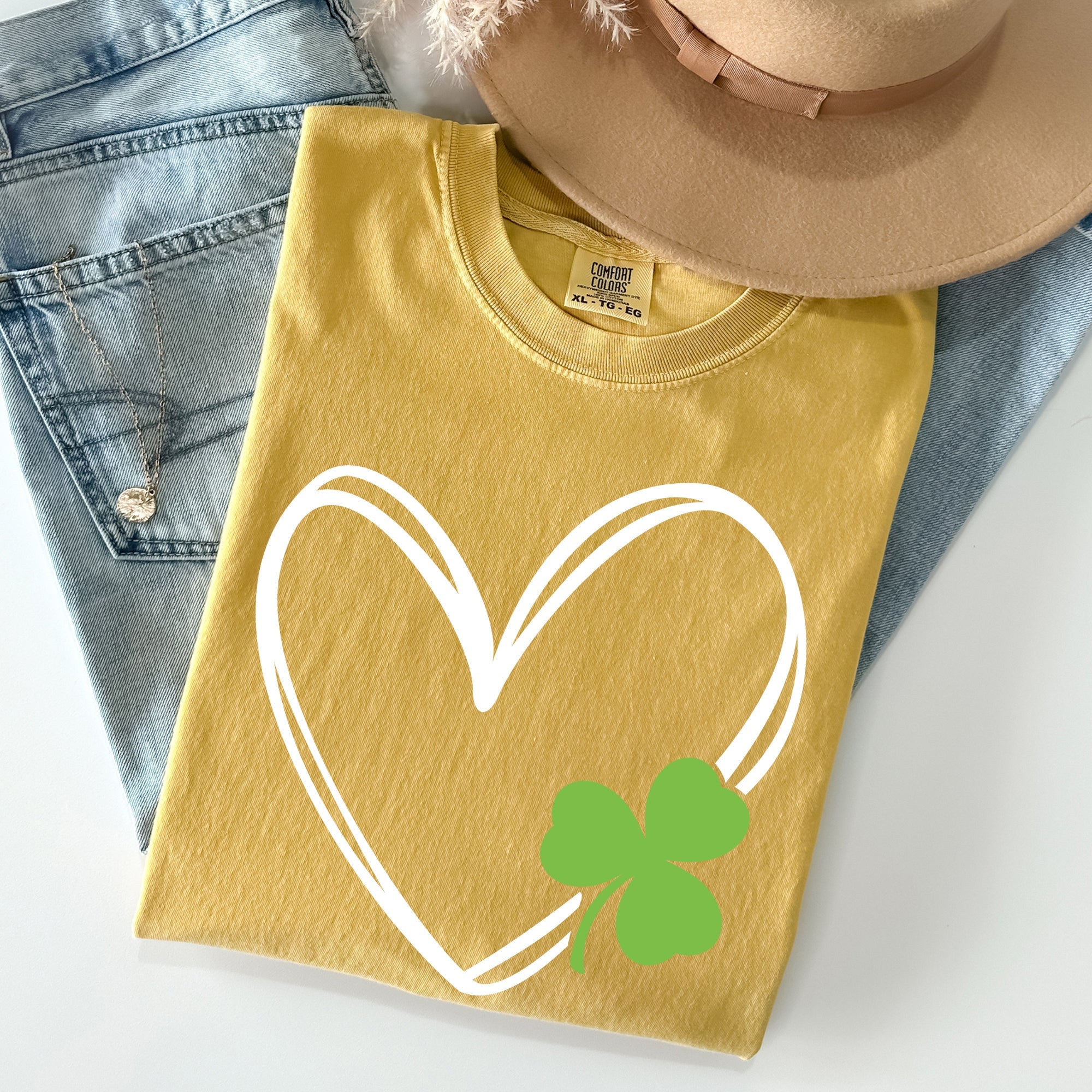Double Heart With Shamrock St Patrick's Day Limited Edition Vintage Comfort Colors Tee