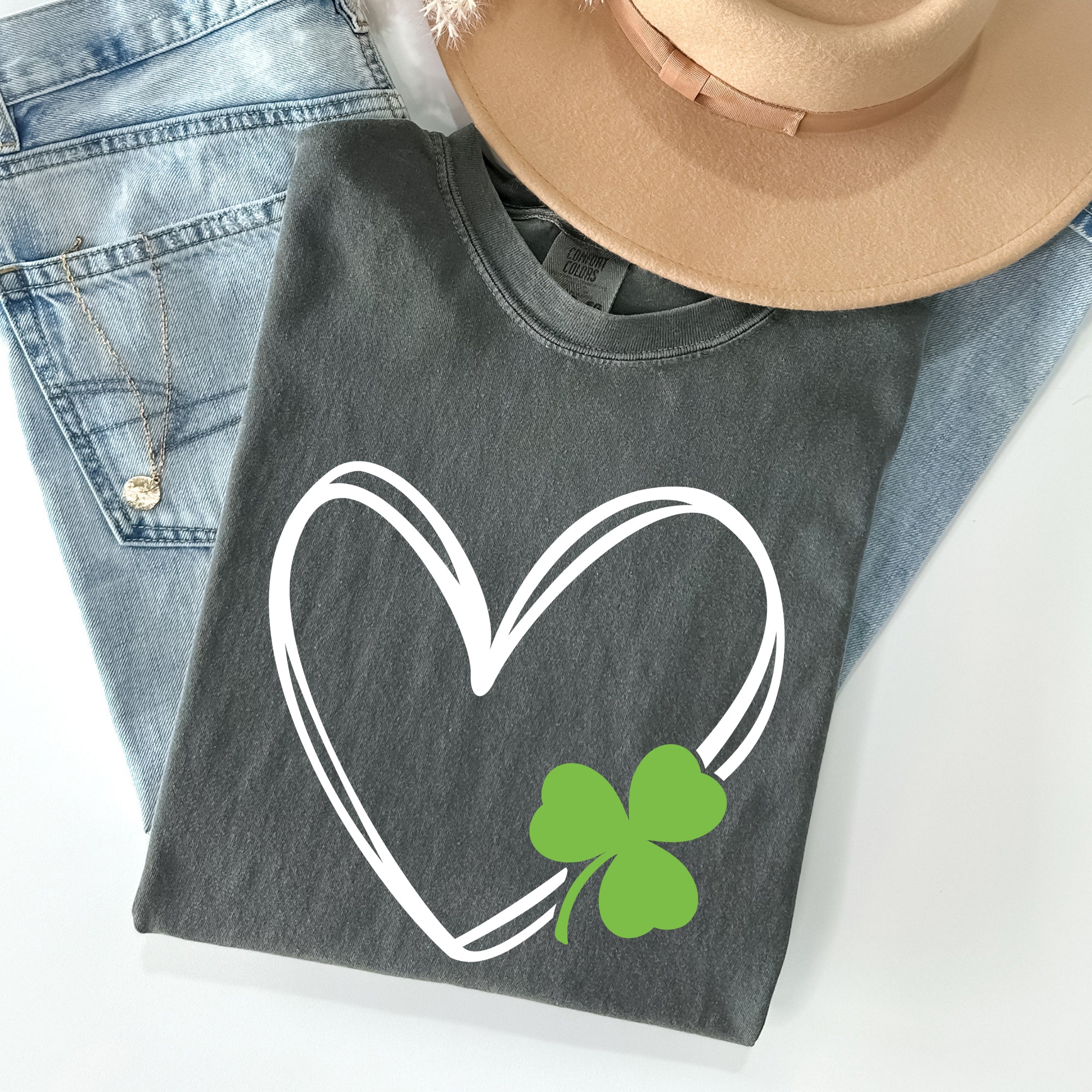Double Heart With Shamrock St Patrick's Day Limited Edition Vintage Comfort Colors Tee