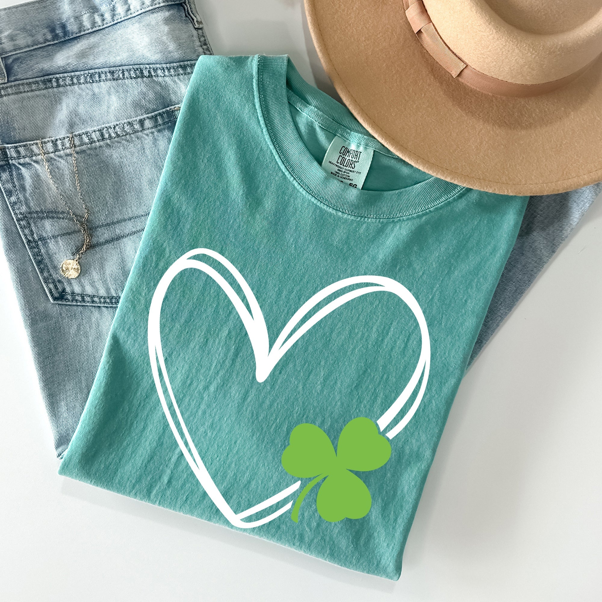 Double Heart With Shamrock St Patrick's Day Limited Edition Vintage Comfort Colors Tee