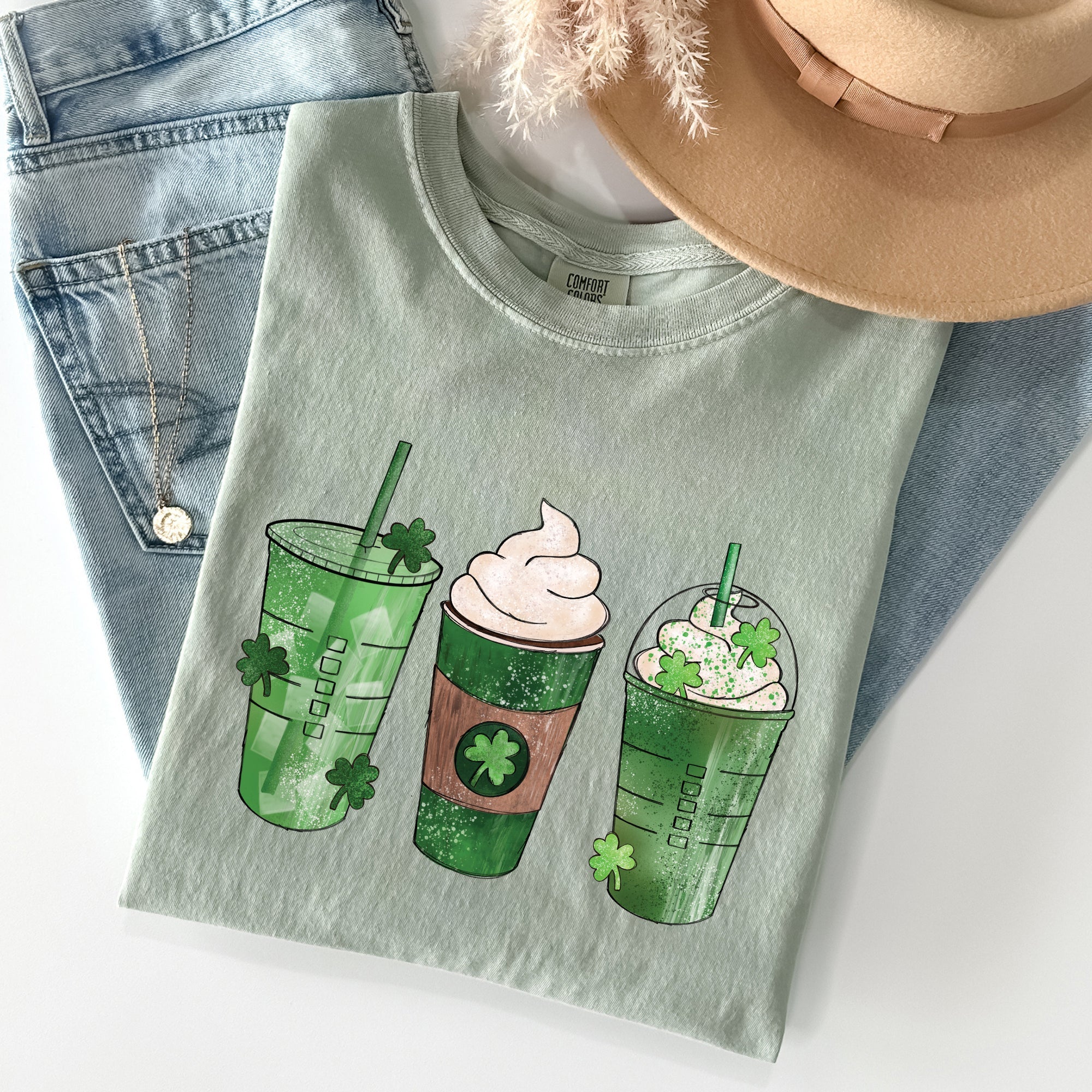 Iced Coffees, Drinks, Shamrocks St Patrick's Day Vintage Style Edition Comfort Colors Tee