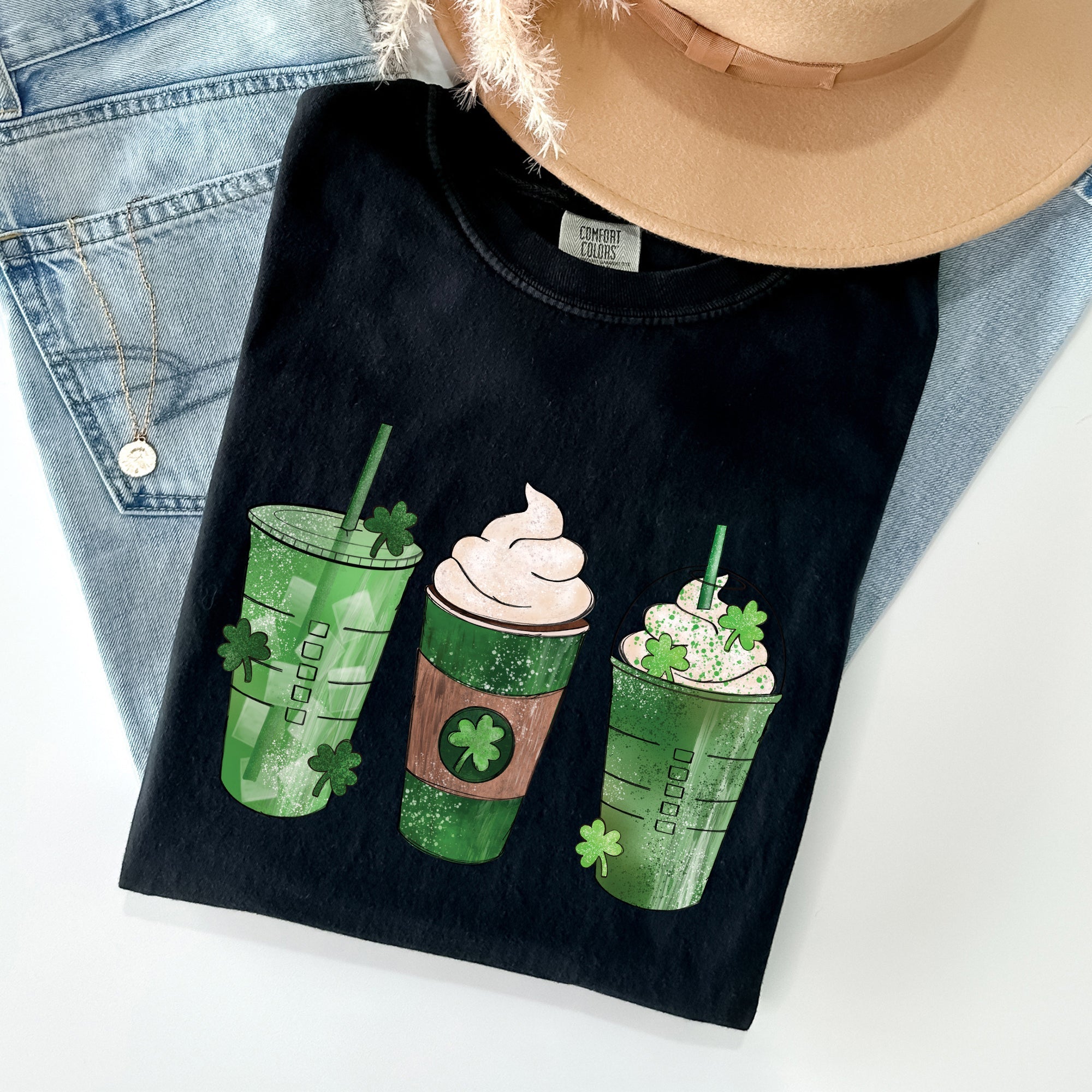 Iced Coffees, Drinks, Shamrocks St Patrick's Day Vintage Style Edition Comfort Colors Tee