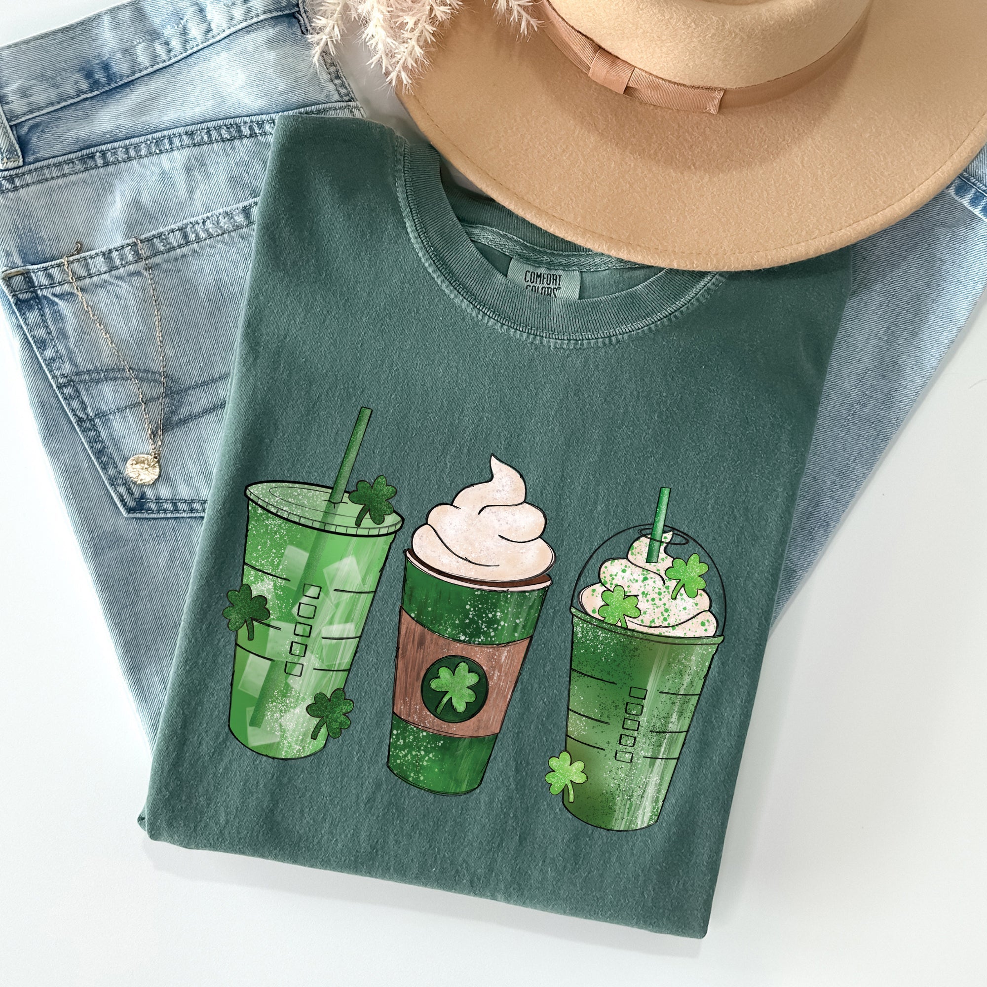 Iced Coffees, Drinks, Shamrocks St Patrick's Day Vintage Style Edition Comfort Colors Tee