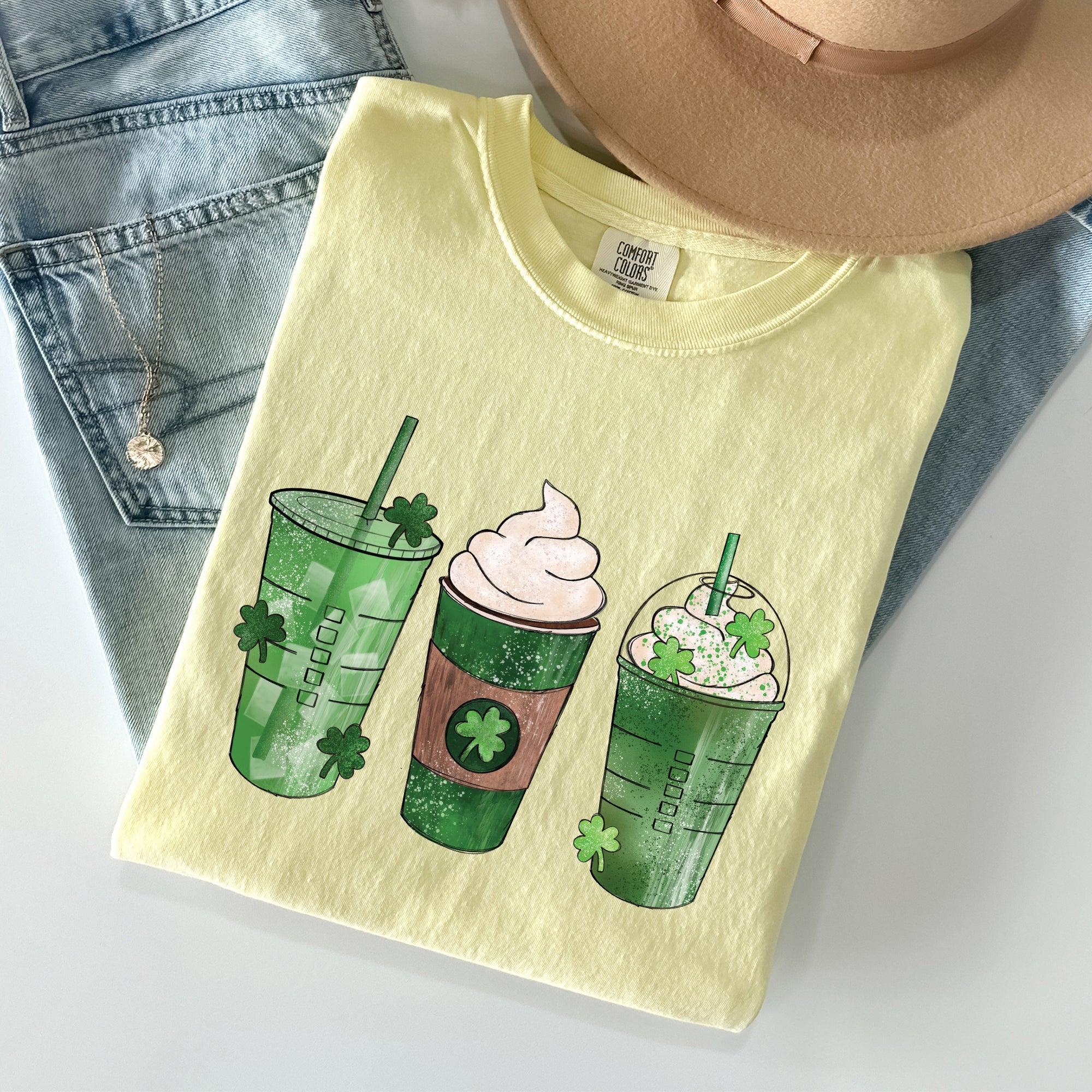Iced Coffees, Drinks, Shamrocks St Patrick's Day Vintage Style Edition Comfort Colors Tee