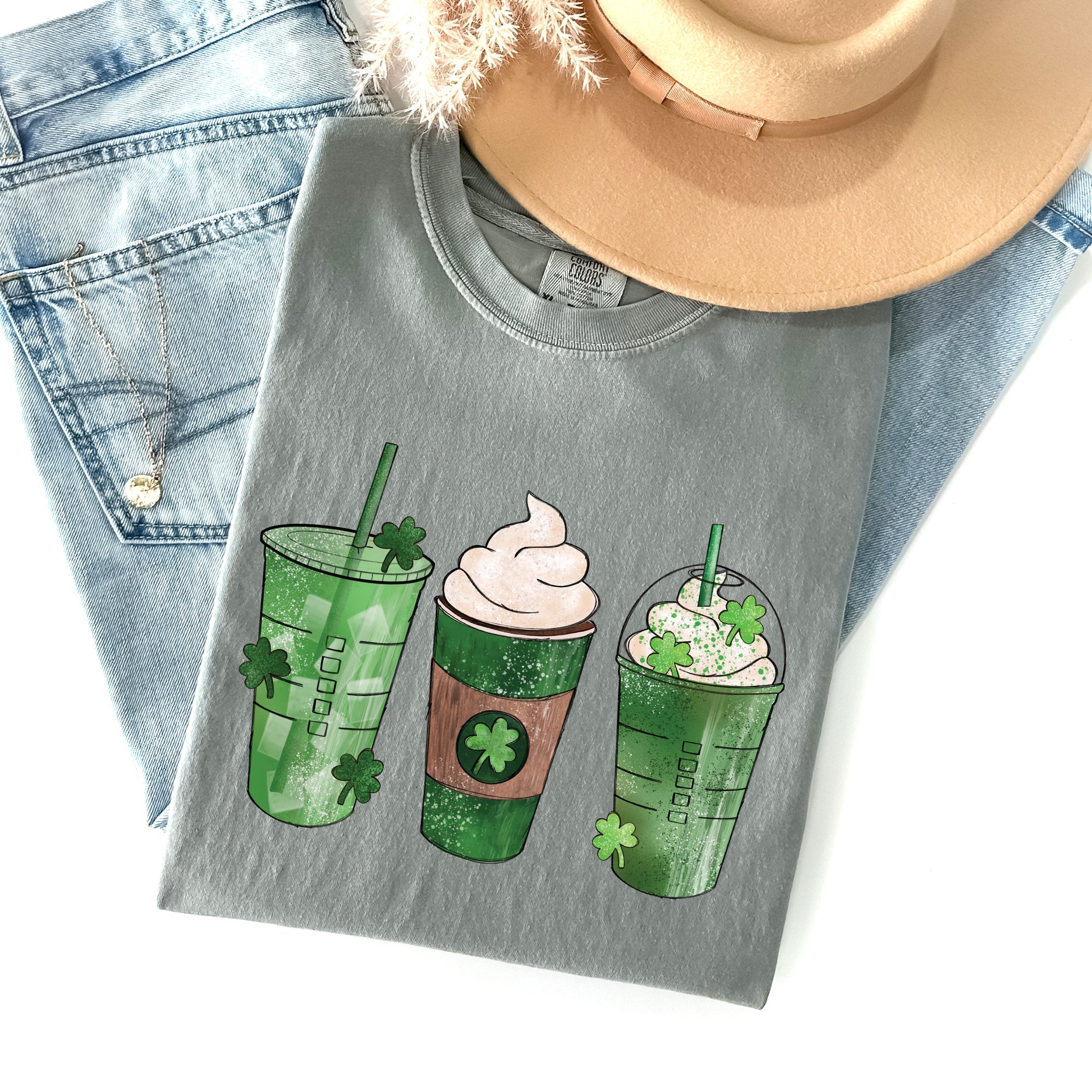 Iced Coffees, Drinks, Shamrocks St Patrick's Day Vintage Style Edition Comfort Colors Tee