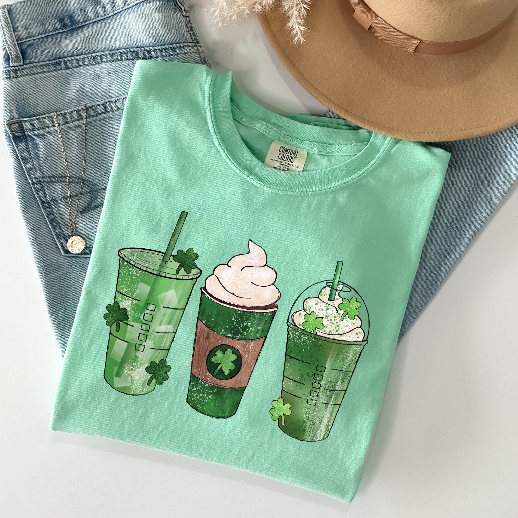 Iced Coffees, Drinks, Shamrocks St Patrick's Day Vintage Style Edition Comfort Colors Tee