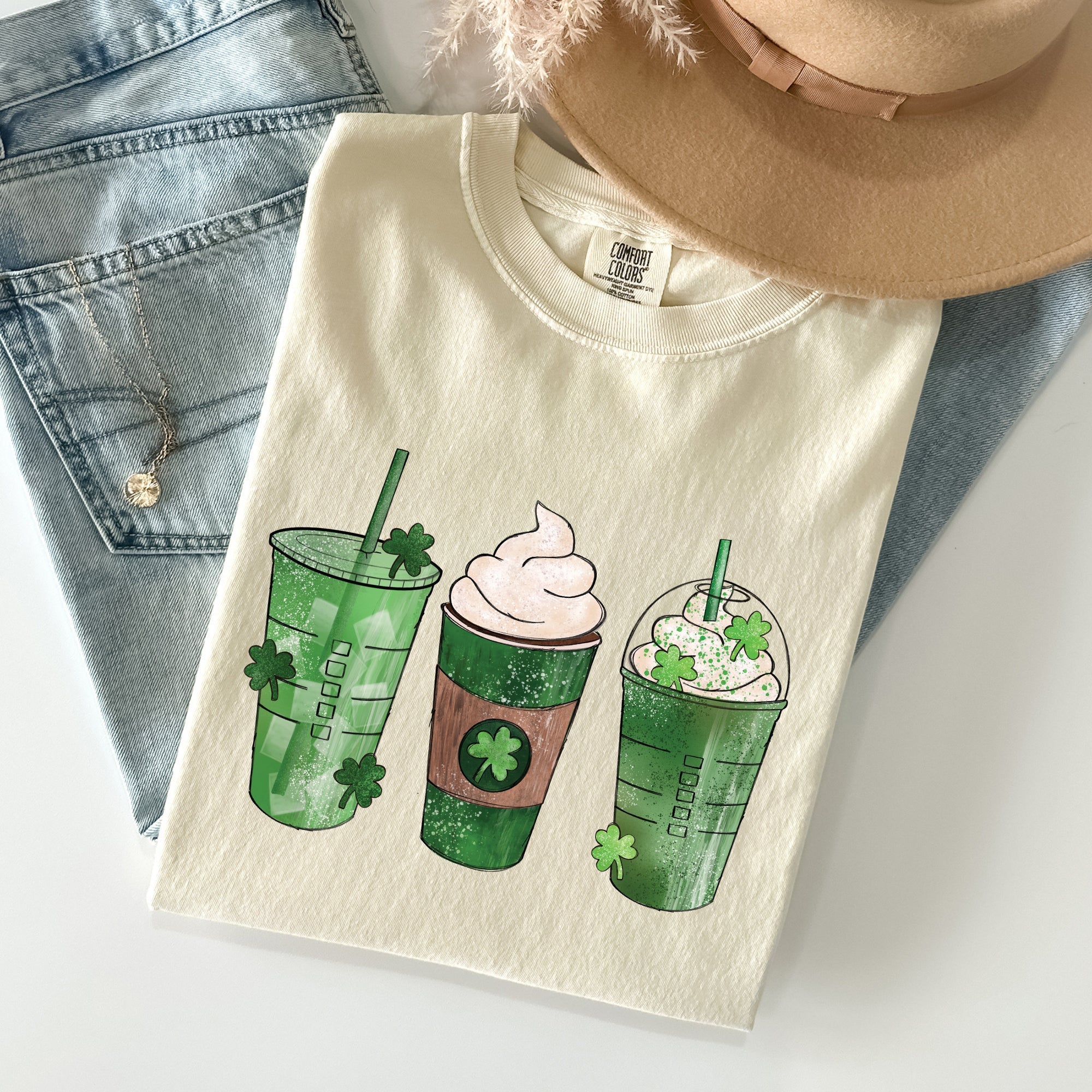 Iced Coffees, Drinks, Shamrocks St Patrick's Day Vintage Style Edition Comfort Colors Tee