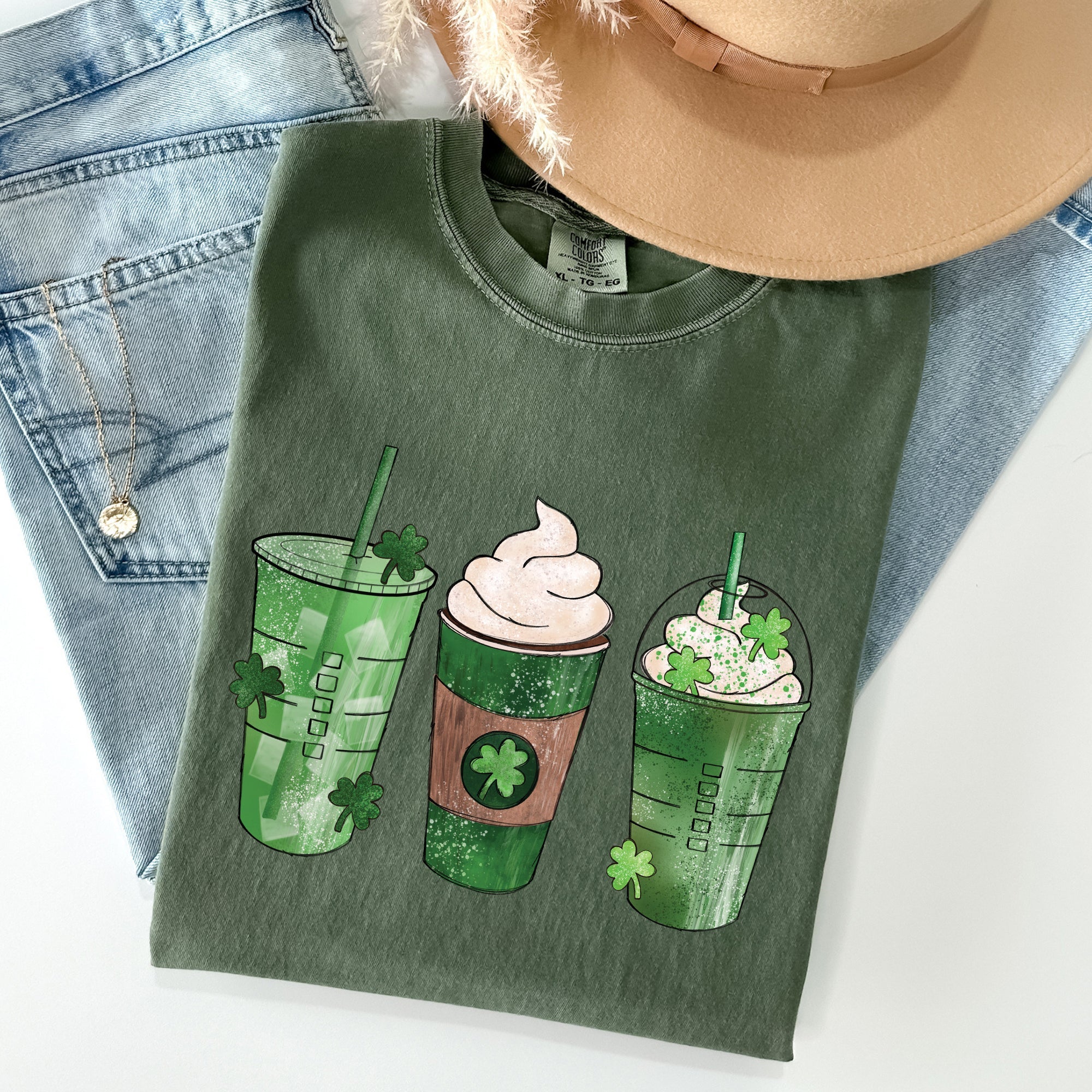 Iced Coffees, Drinks, Shamrocks St Patrick's Day Vintage Style Edition Comfort Colors Tee