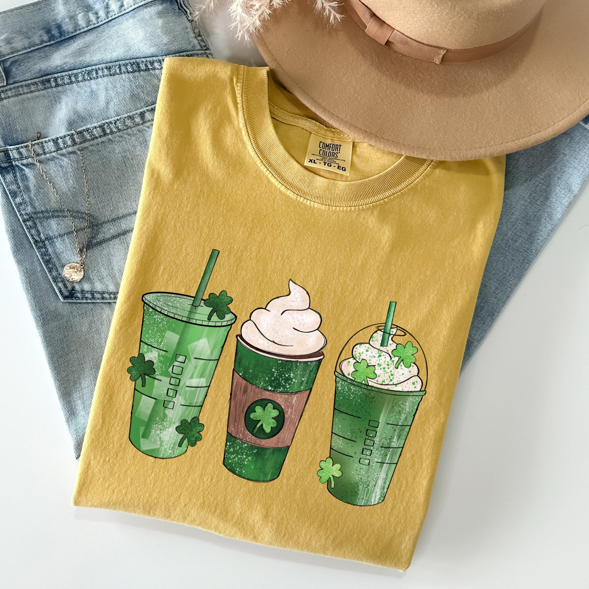 Iced Coffees, Drinks, Shamrocks St Patrick's Day Vintage Style Edition Comfort Colors Tee