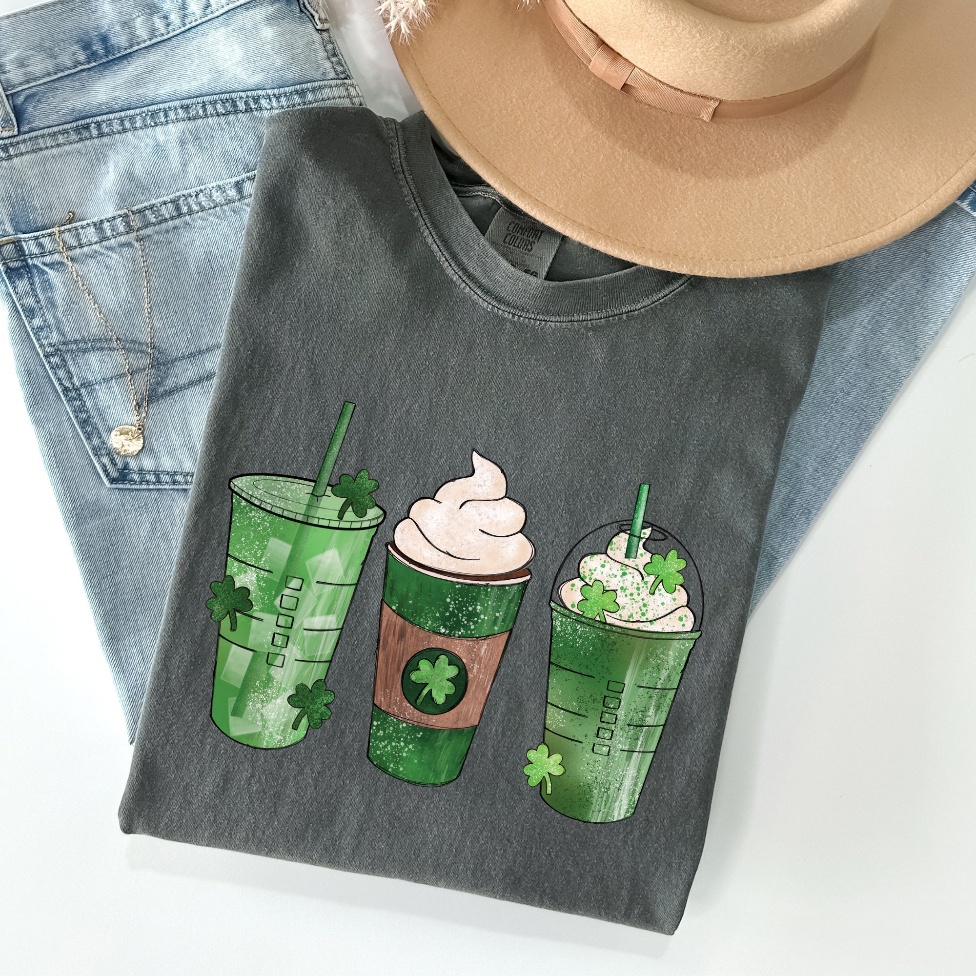 Iced Coffees, Drinks, Shamrocks St Patrick's Day Vintage Style Edition Comfort Colors Tee