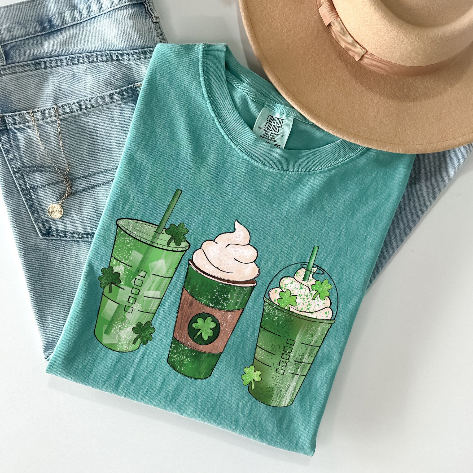 Iced Coffees, Drinks, Shamrocks St Patrick's Day Vintage Style Edition Comfort Colors Tee